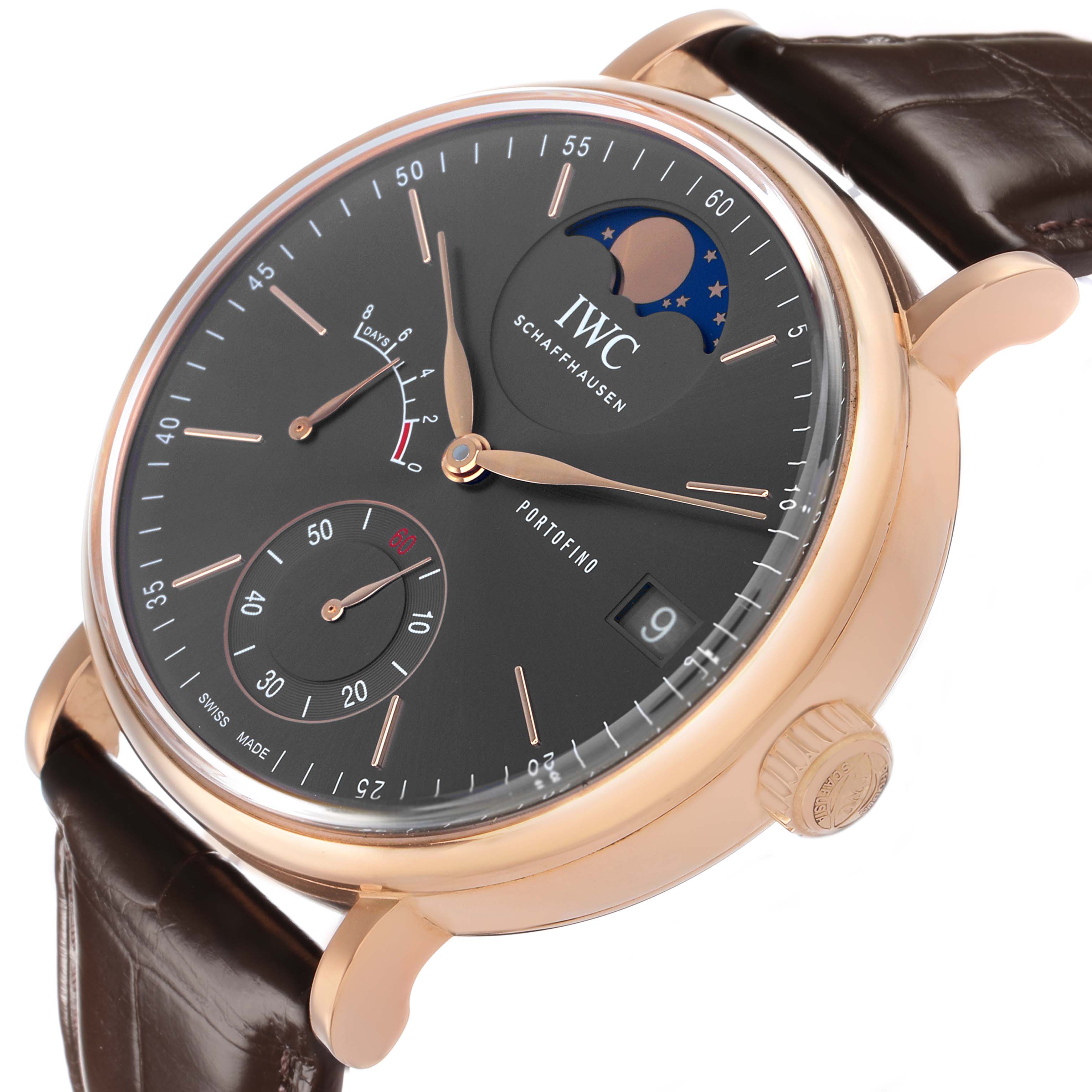The IWC Portofino IW516403 Men's Rose Gold Grey Dial watch is shown from a front angle, highlighting the dial, moon phase, sub-dials, and leather strap.