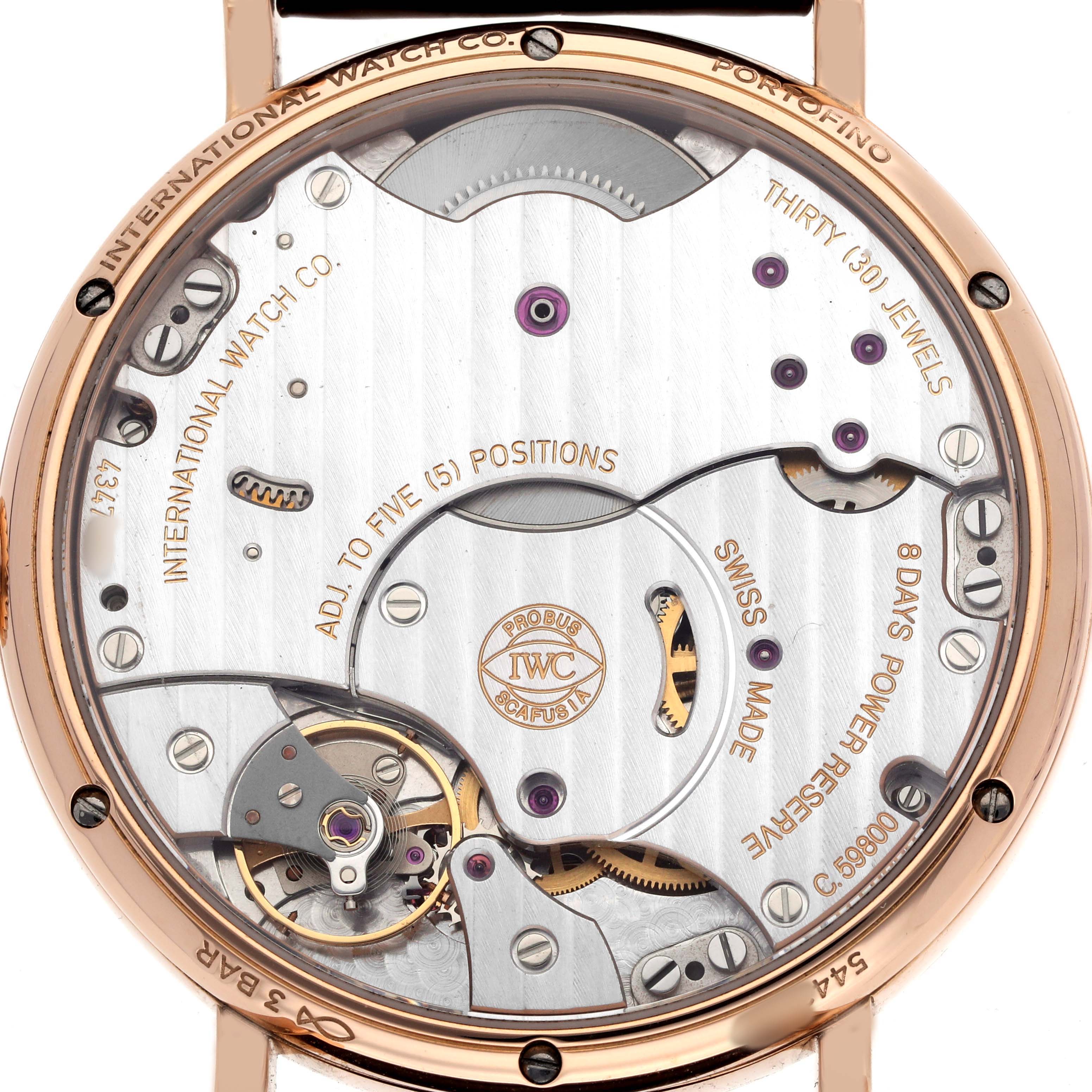 The image shows the backside of the IWC Portofino IW516403 Men's Rose Gold Grey Dial watch, revealing its intricate movement and internal components.