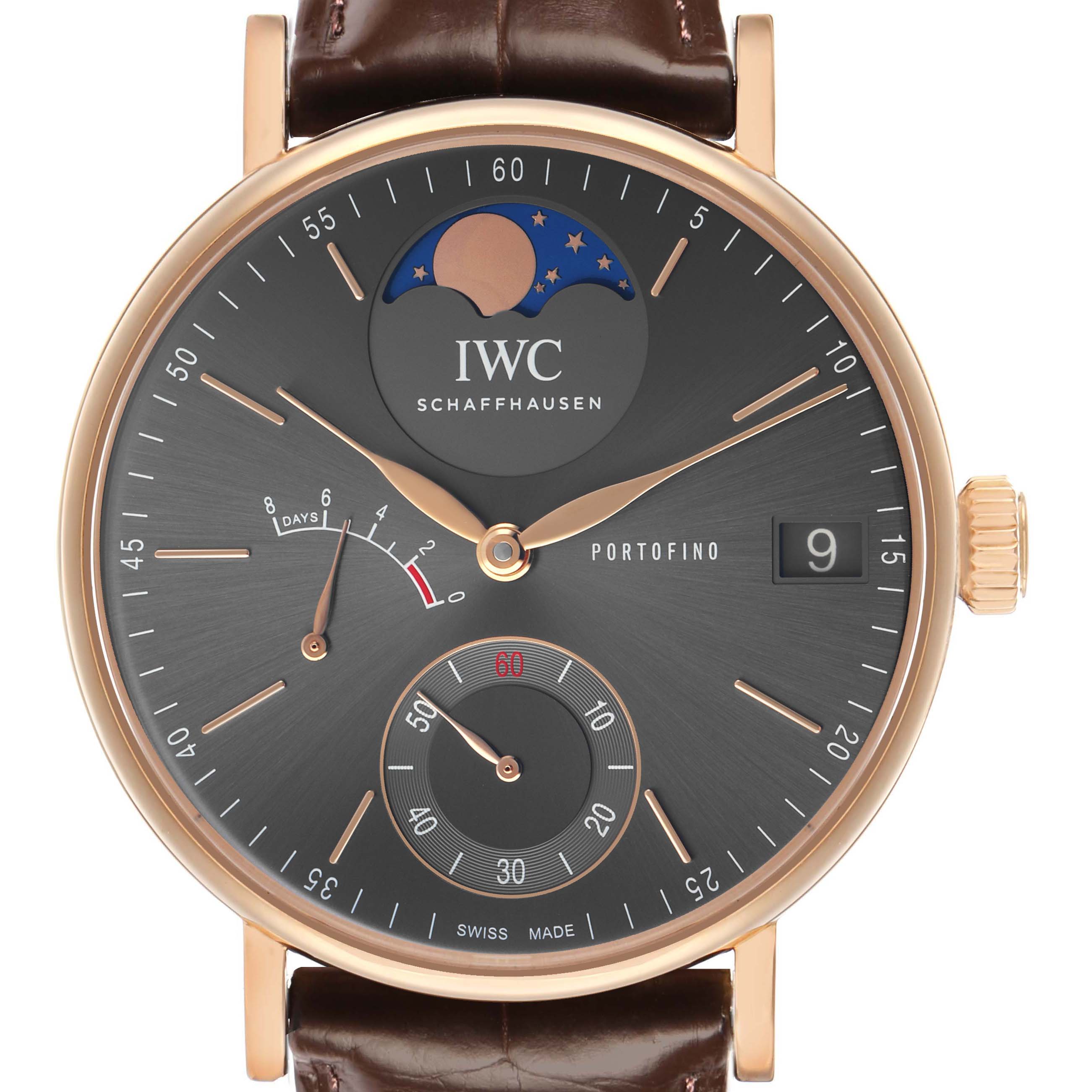 The IWC Portofino IW516403 Men's Rose Gold Grey Dial watch is shown from a front angle, displaying the dial, moon phase, date, and power reserve indicator.