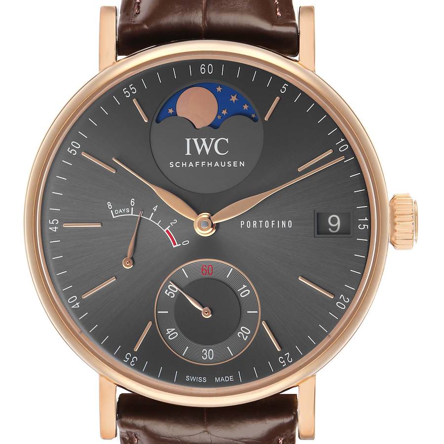 The IWC Portofino IW516403 Men's Rose Gold Grey Dial watch is shown from a front angle, displaying the dial, moon phase, date, and power reserve indicator.