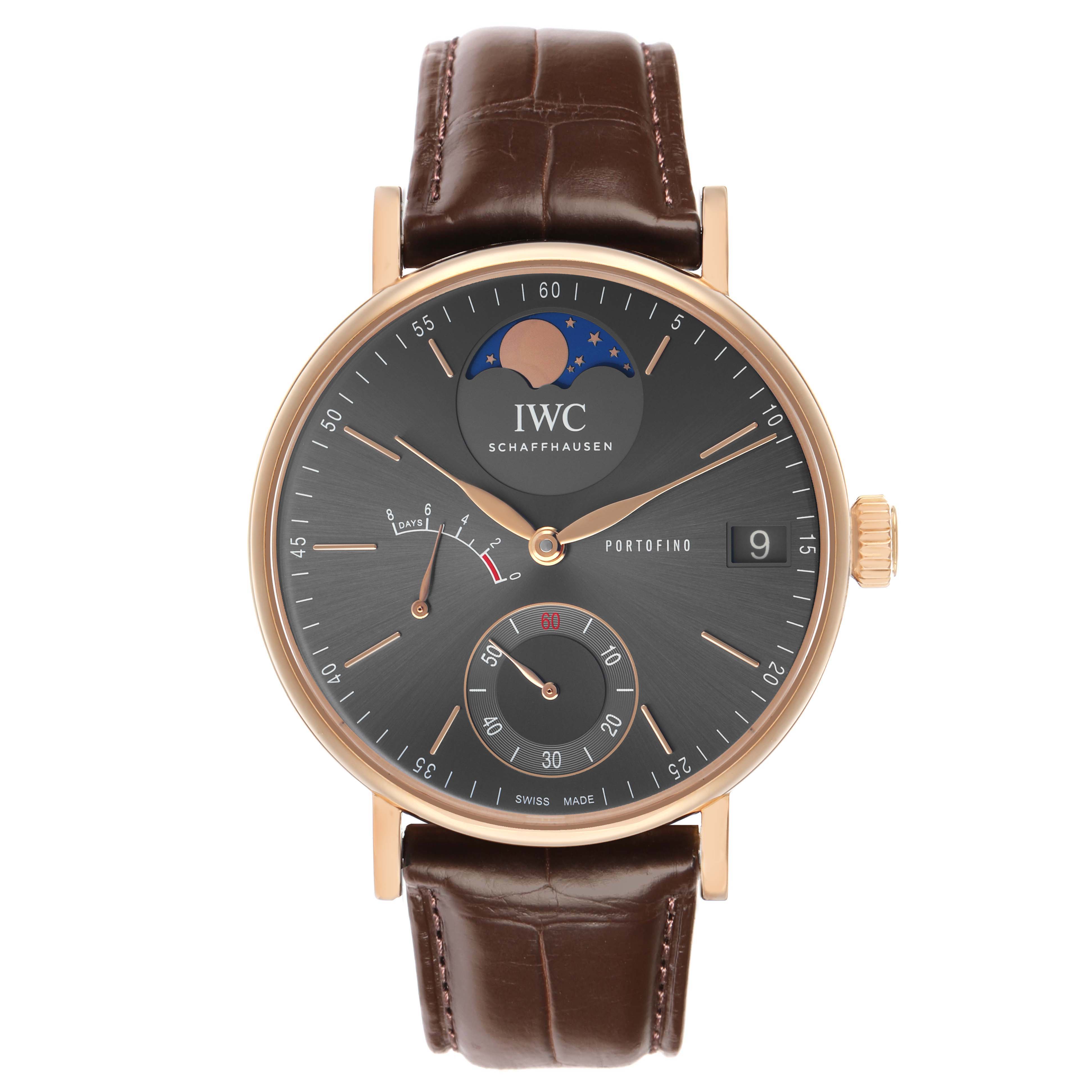The IWC Portofino IW516403 Men's Rose Gold Grey Dial watch is shown from the front, displaying its dial, moon phase, date, and brown leather strap.