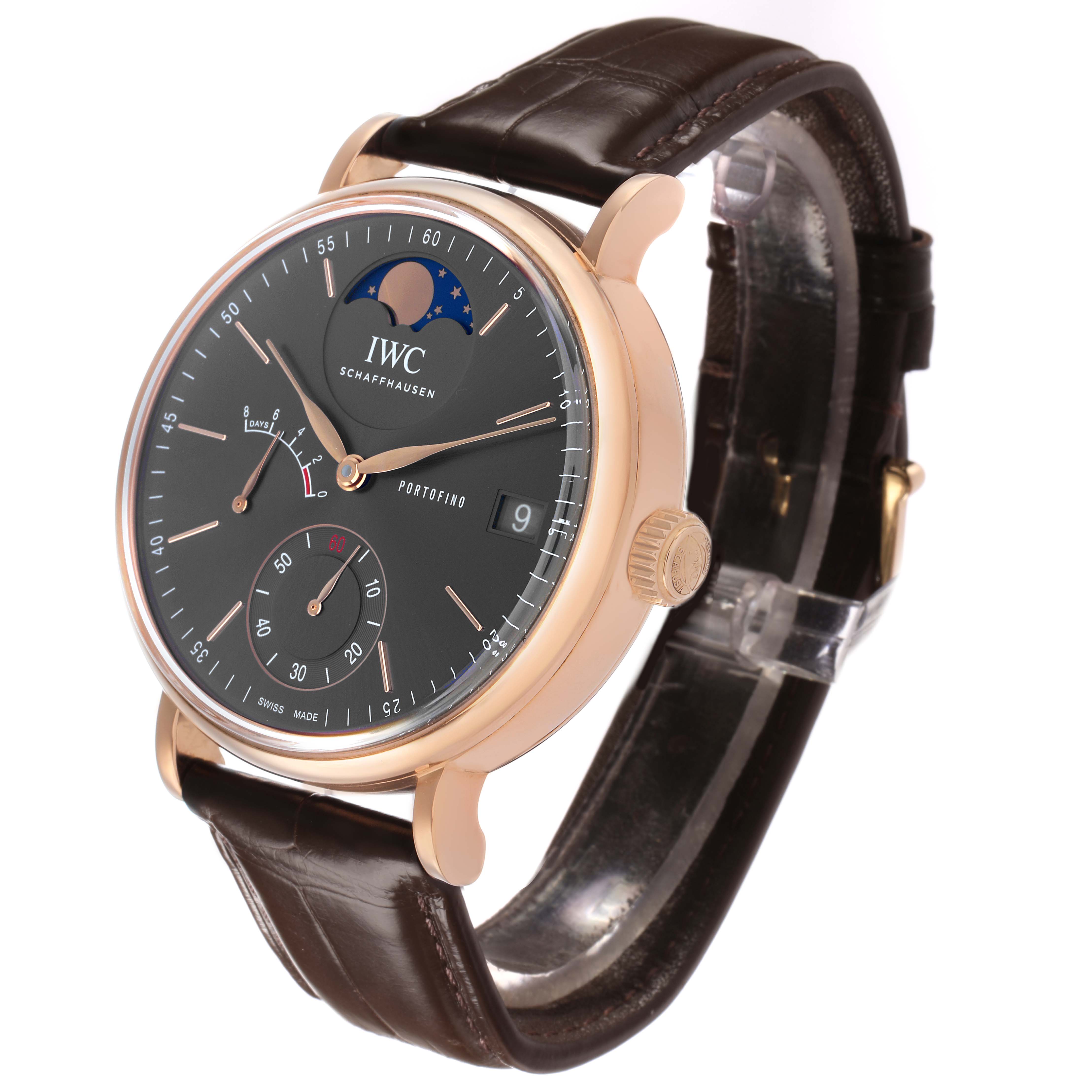The IWC Portofino IW516403 Men's Rose Gold Grey Dial watch is shown at a three-quarter side angle, displaying the dial, leather strap, and crown.
