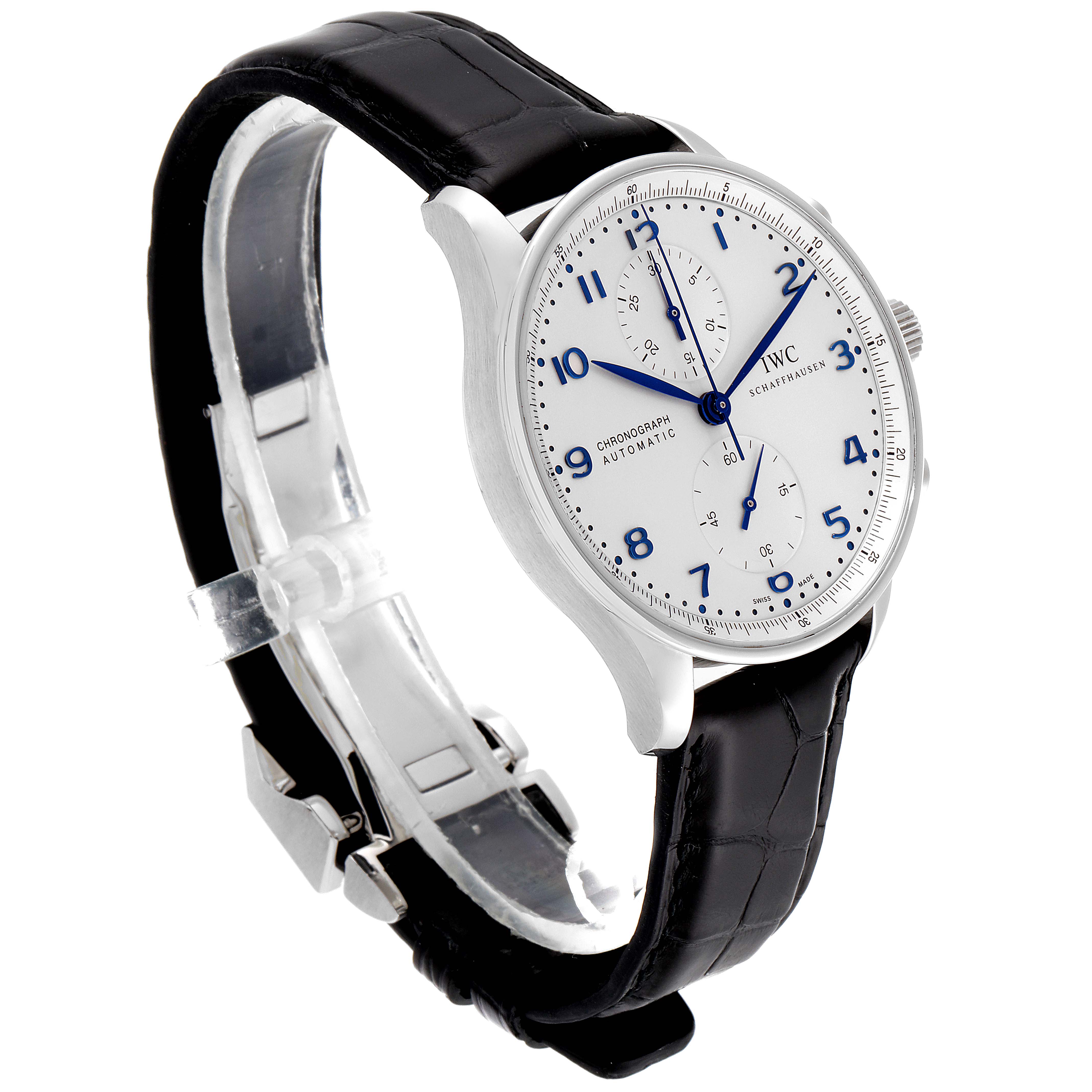 The image shows a side angle view of the IWC Portuguese IW371446 Men's Stainless Steel Silver Dial IW371446 Men's Stainless Steel Silver Dial watch with its dial, bezel, and black leather strap visible.