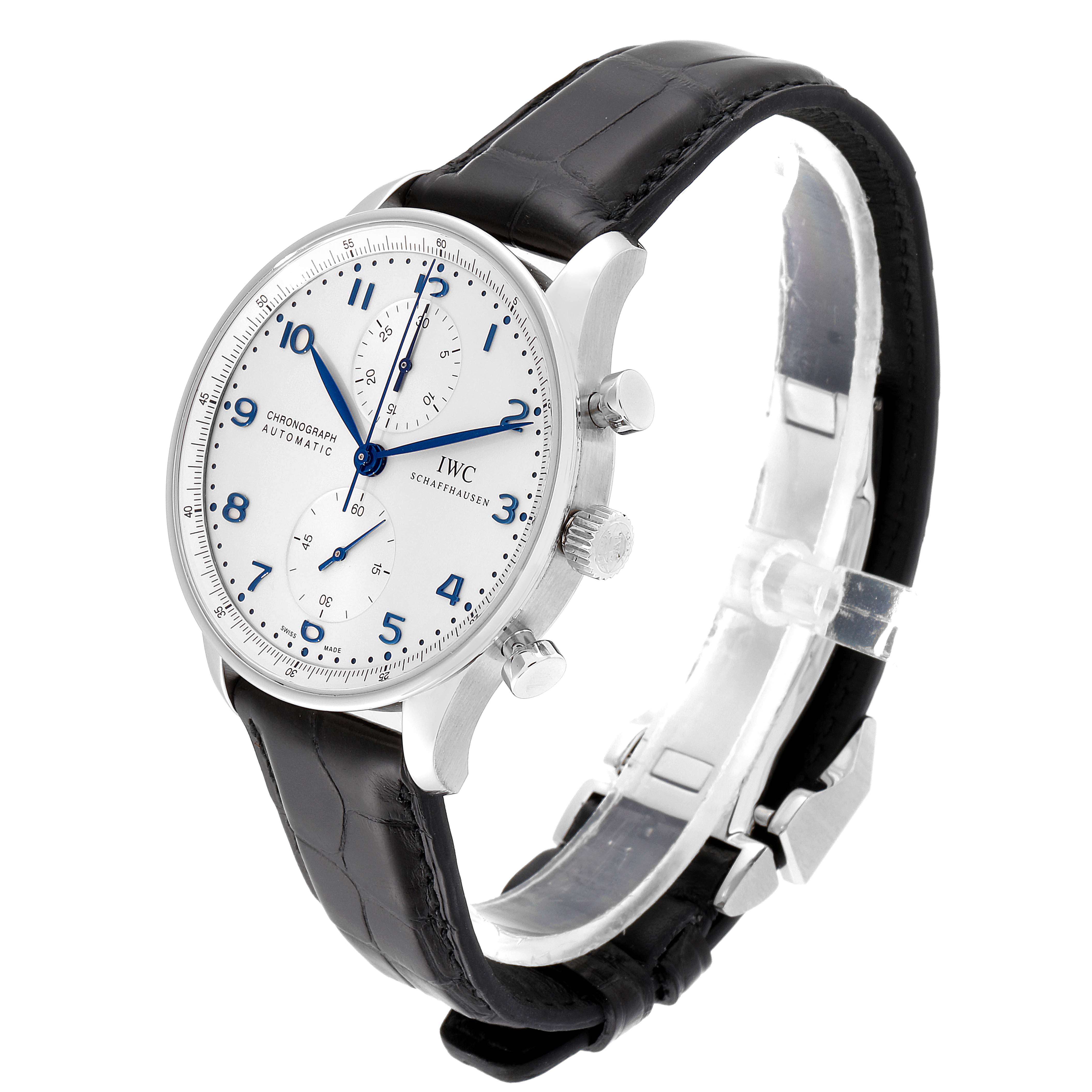 The IWC Portuguese IW371446 Men's Stainless Steel Silver Dial IW371446 Men's Stainless Steel Silver Dial watch is shown at a three-quarter angle, showcasing its front dial, side buttons, and black leather strap.