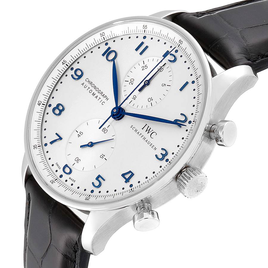 IWC Portuguese Chrono Silver Dial Blue Hands Steel Mens Watch IW371446 ...