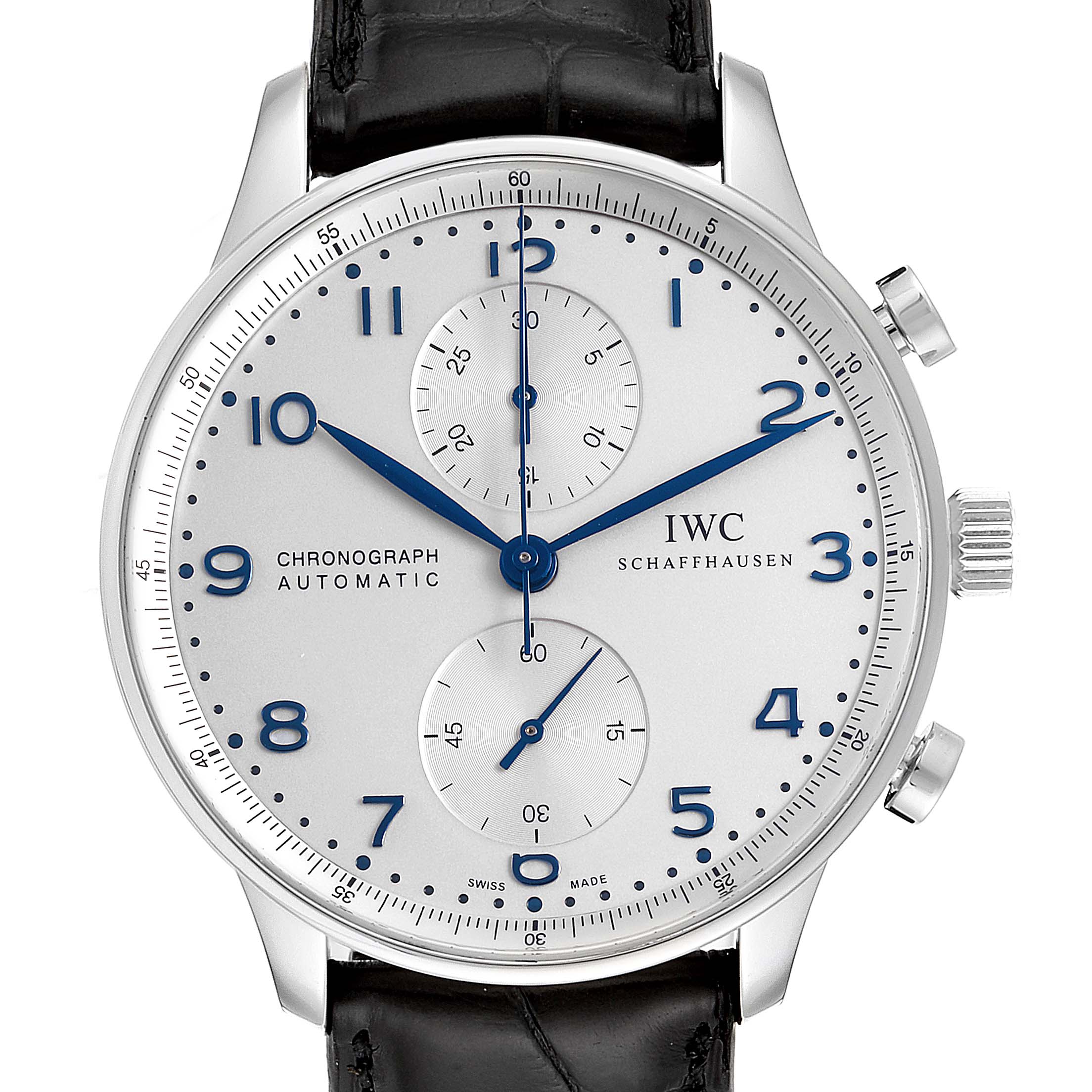 This image shows a front view of an IWC Portuguese IW371446 Men's Stainless Steel Silver Dial IW371446 Men's Stainless Steel Silver Dial Chronograph Automatic watch featuring a white dial with blue hands and numerals.