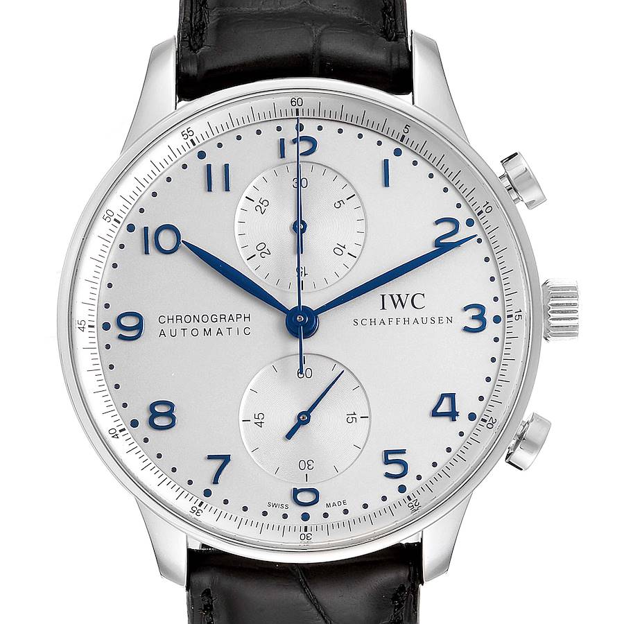 IWC Portuguese Chrono Silver Dial Blue Hands Steel Mens Watch IW371446 Card SwissWatchExpo