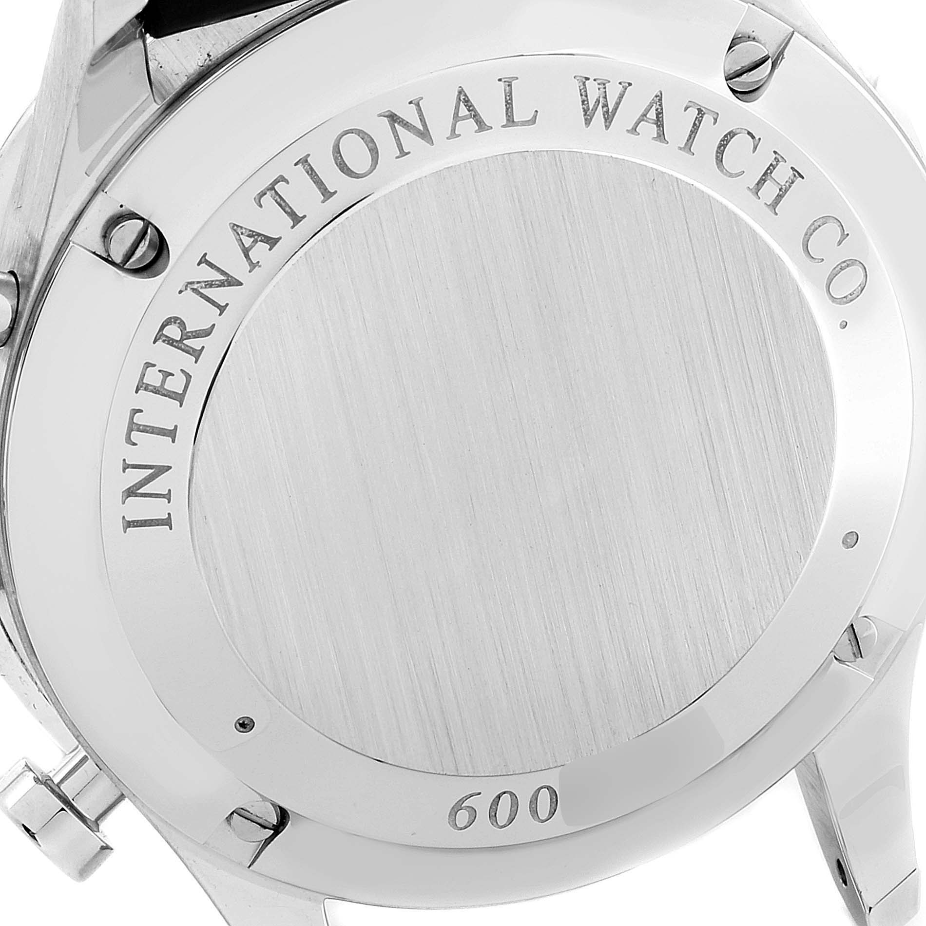 The image shows the back case of an IWC Portuguese IW371446 Men's Stainless Steel Silver Dial IW371446 Men's Stainless Steel Silver Dial model watch, highlighting the "International Watch Co." engraving.