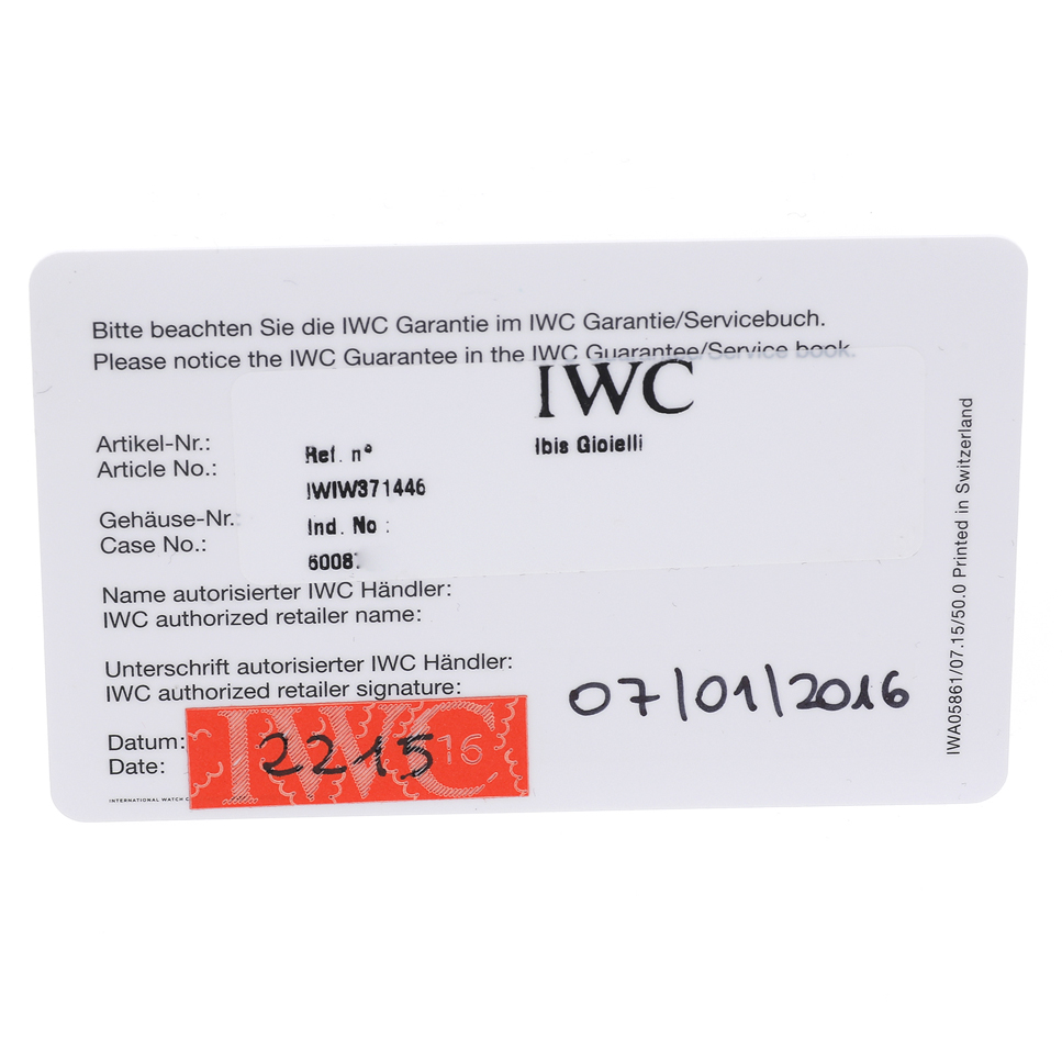 This image shows the guarantee or service card for an IWC Portuguese IW371446 Men's Stainless Steel Silver Dial IW371446 Men's Stainless Steel Silver Dial model watch, displaying article and case numbers.