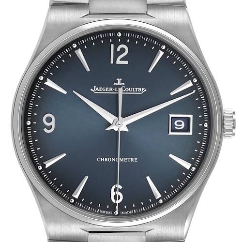 The Jaeger LeCoultre Master Q4158120 Men's Stainless Steel Blue Dial model watch is shown from the front, highlighting the dial, hands, brand logo, and date window.