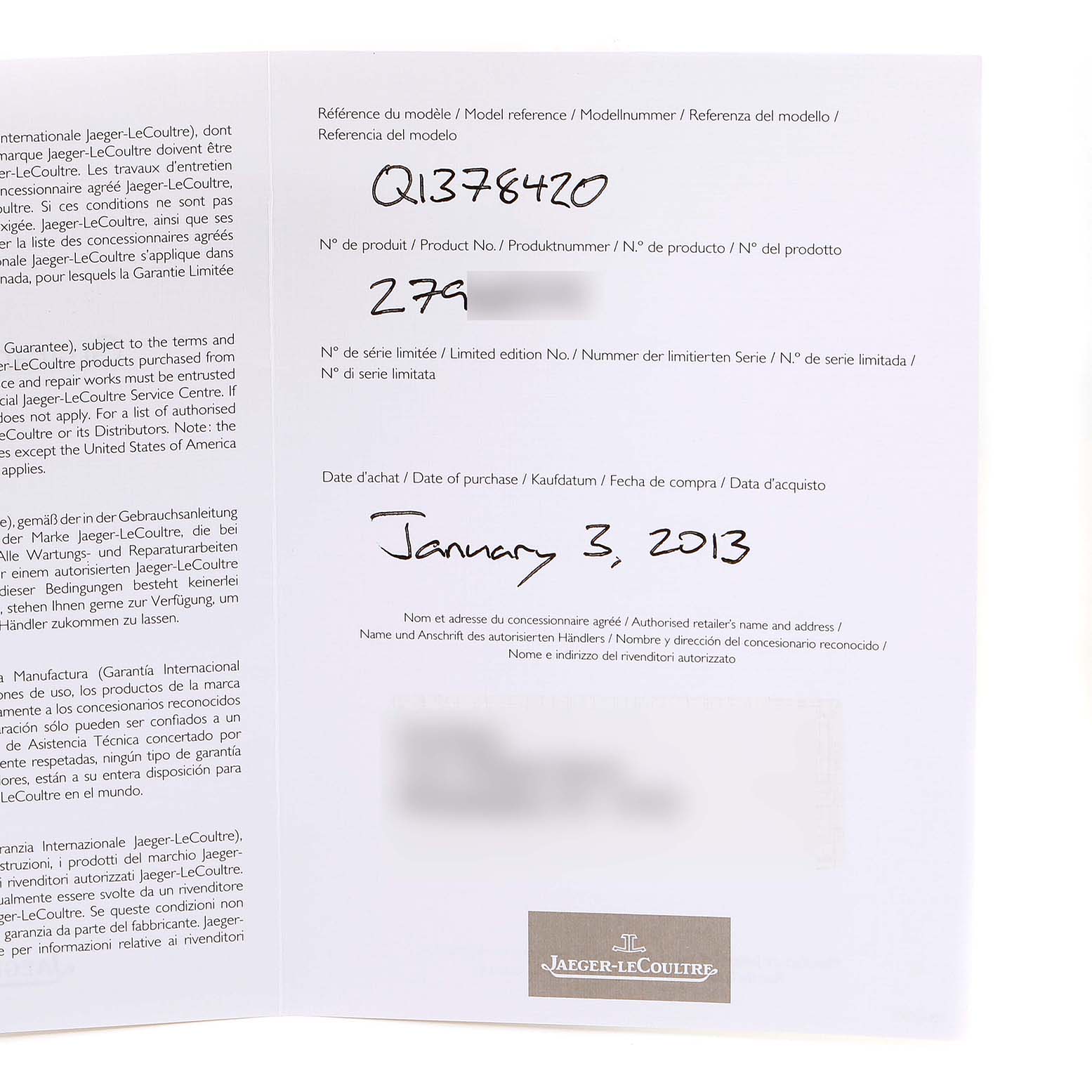 The image shows the warranty document for the Jaeger LeCoultre Master Q1378420 Men's Stainless Steel Silver Dial Q1378420 Men's Stainless Steel Silver Dial model watch, including the purchase date and model reference number.