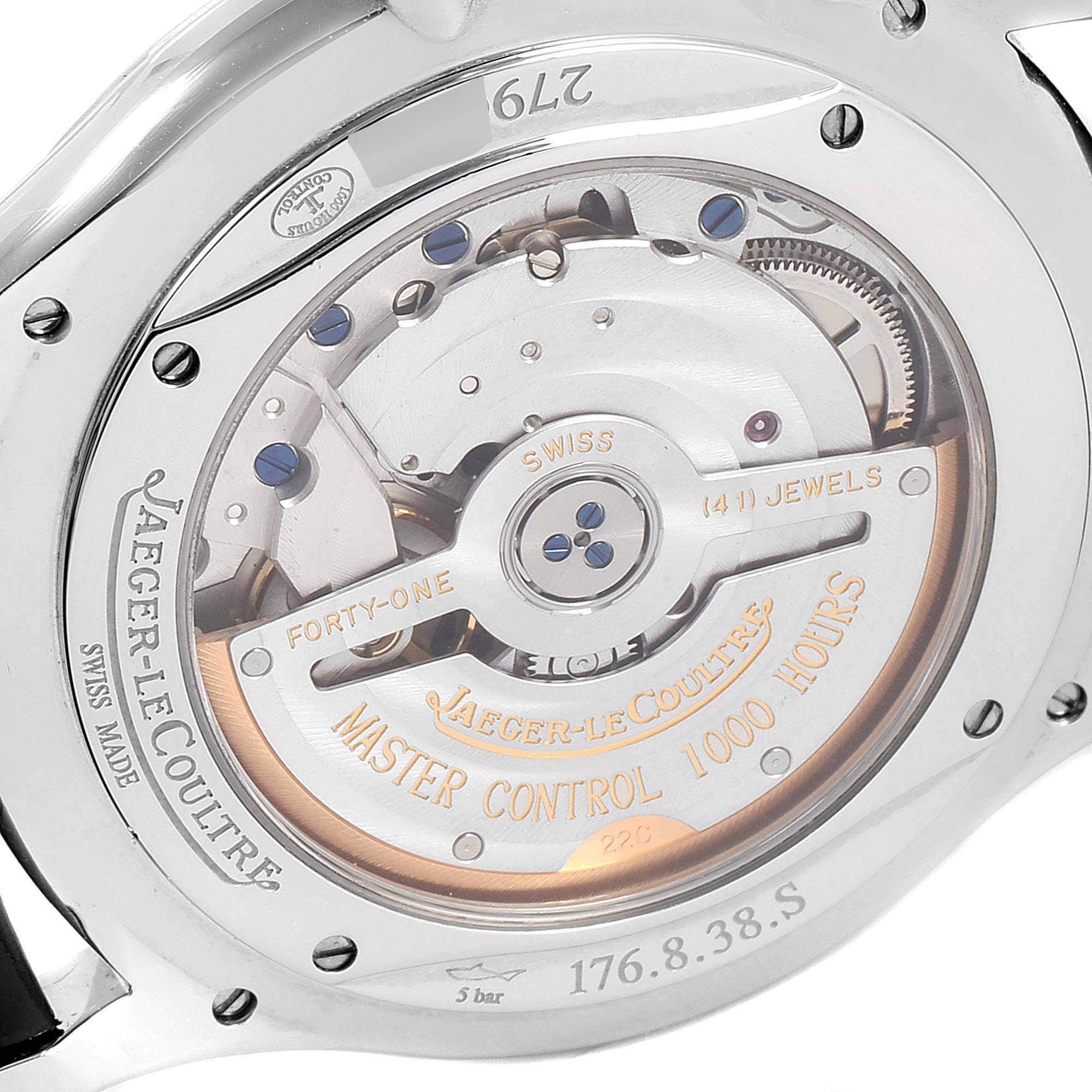 The image shows the back view of the Jaeger-LeCoultre Master Control 1000 Hours watch, highlighting its intricate movement.