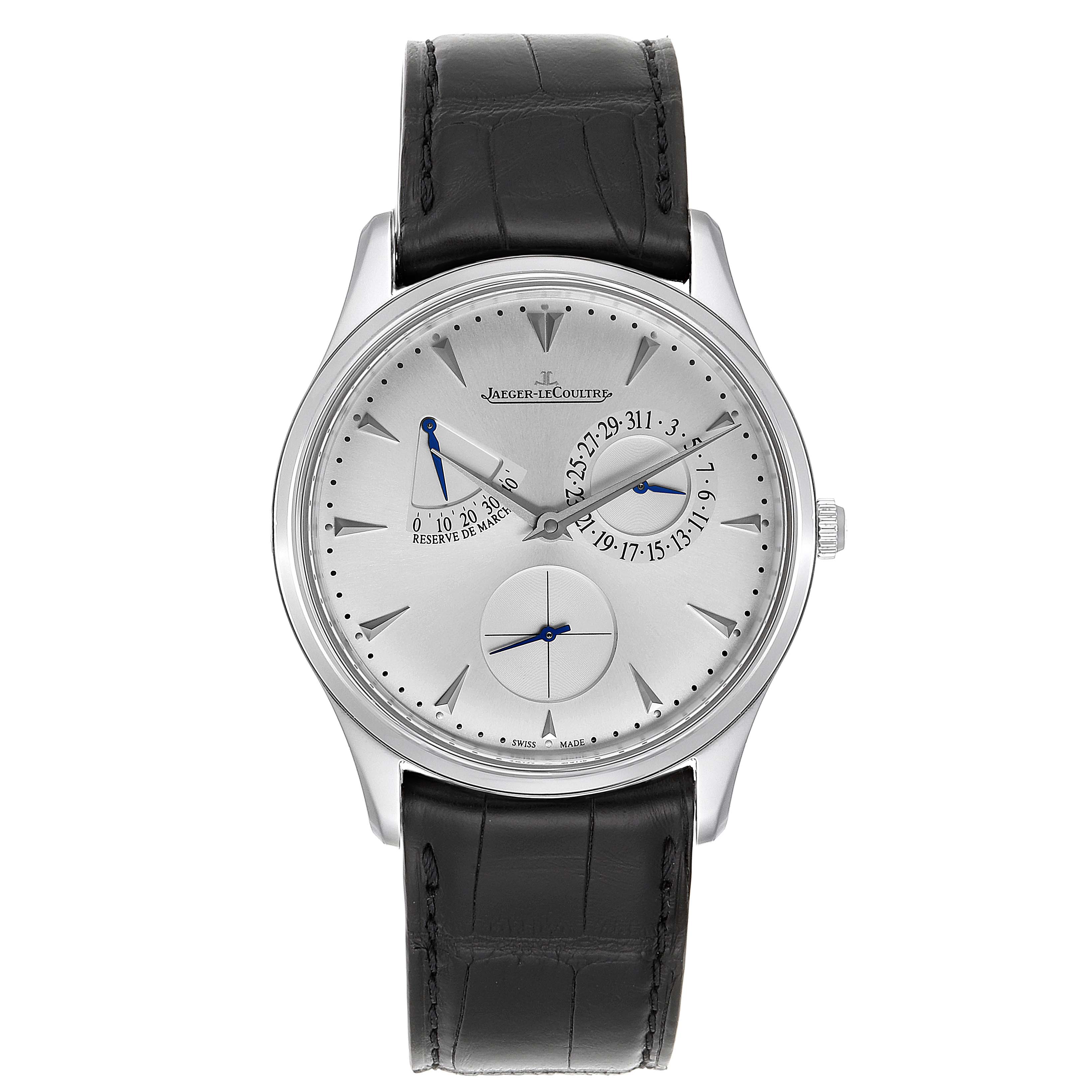 The image shows a Jaeger-LeCoultre Master model watch, front view, with a black leather strap and multiple subdials on its face.