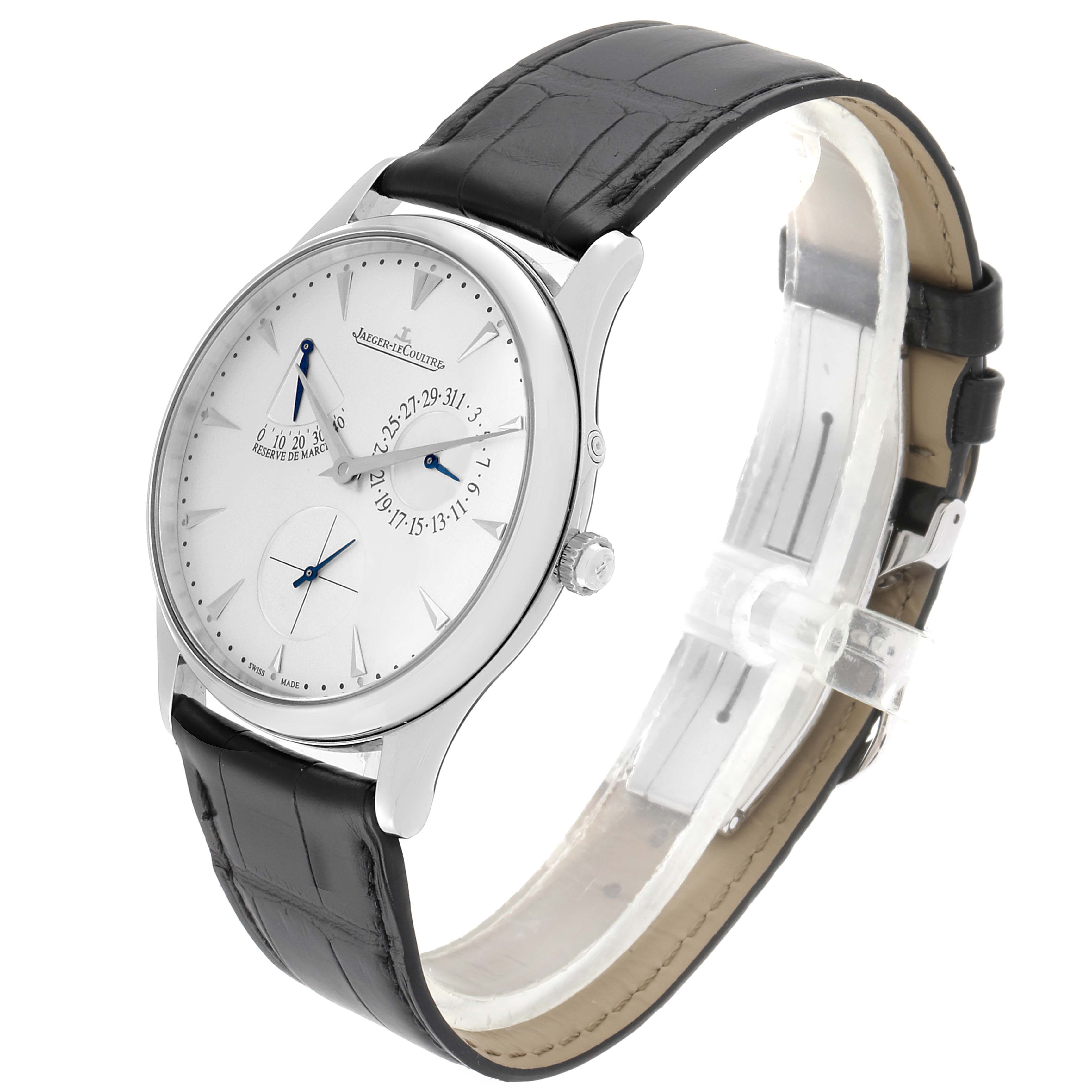 The Jaeger LeCoultre Master Q1378420 Men's Stainless Steel Silver Dial Q1378420 Men's Stainless Steel Silver Dial model watch is shown at an angle highlighting the dial, crown, case, and leather strap.