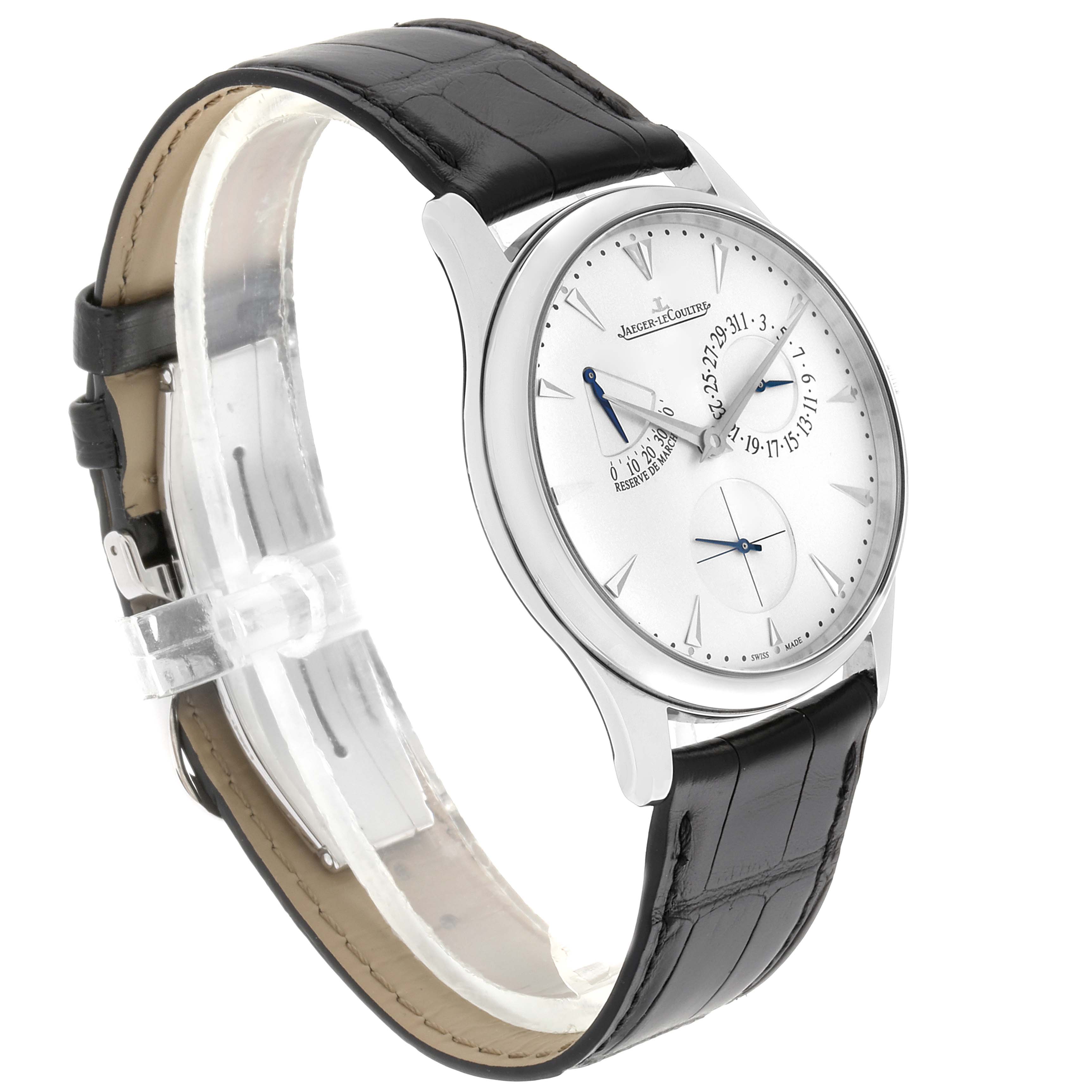 The Jaeger LeCoultre Master Q1378420 Men's Stainless Steel Silver Dial Q1378420 Men's Stainless Steel Silver Dial watch is shown at an angled side view, displaying its black leather strap and detailed dial.