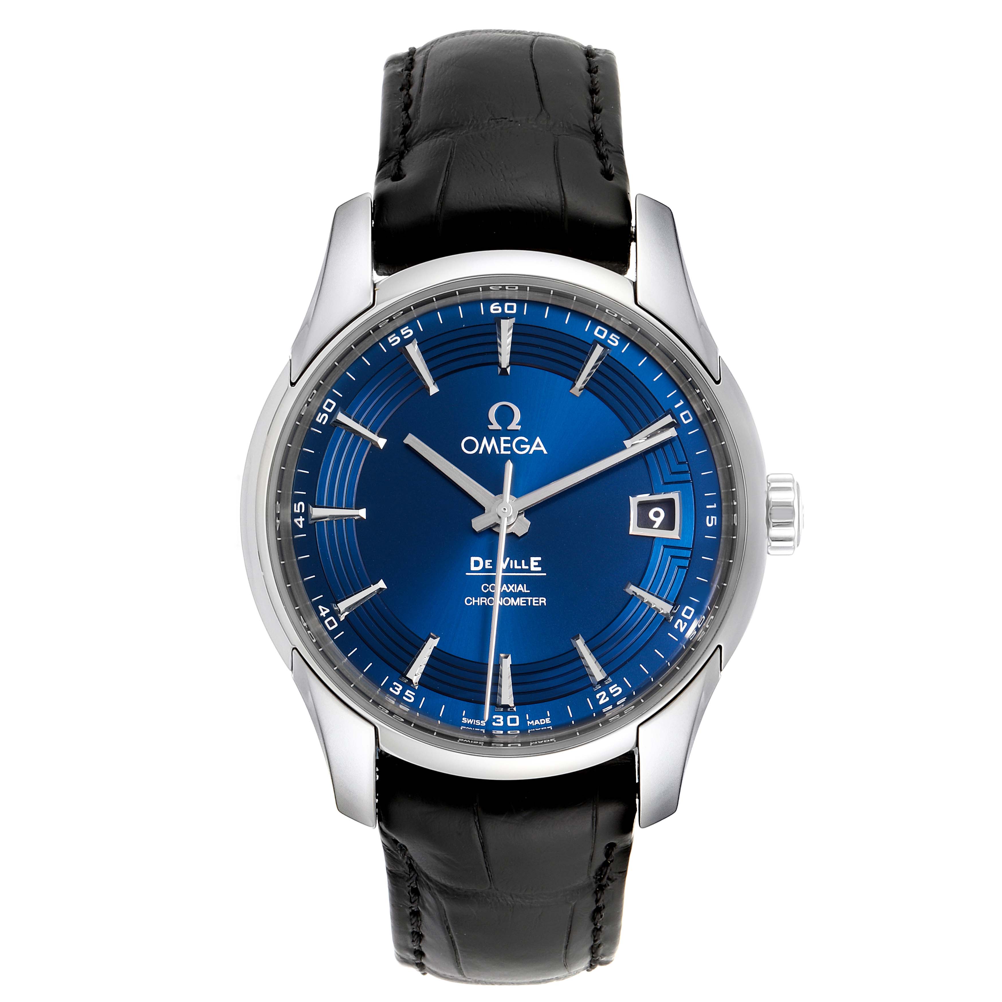 The Omega De Ville 431.33.41.21.03.001 Men's Stainless Steel Blue Dial 431.33.41.21.03.001 Men's Stainless Steel Blue Dial watch is shown from the front, displaying its blue dial, silver indices, date window, and black leather strap.