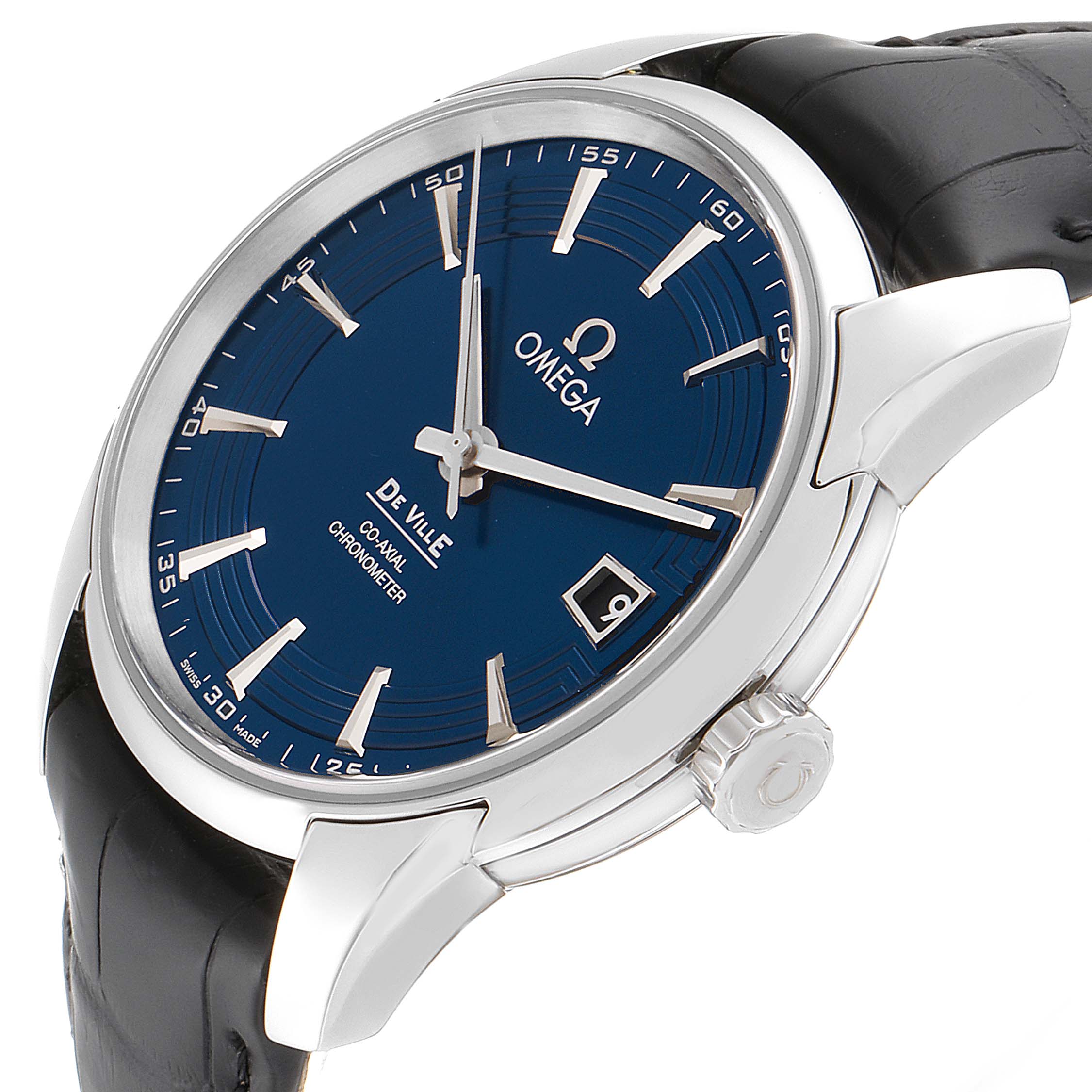 The image shows a close-up, angled view of the Omega De Ville 431.33.41.21.03.001 Men's Stainless Steel Blue Dial 431.33.41.21.03.001 Men's Stainless Steel Blue Dial watch, highlighting the face, dial, and part of the leather strap.