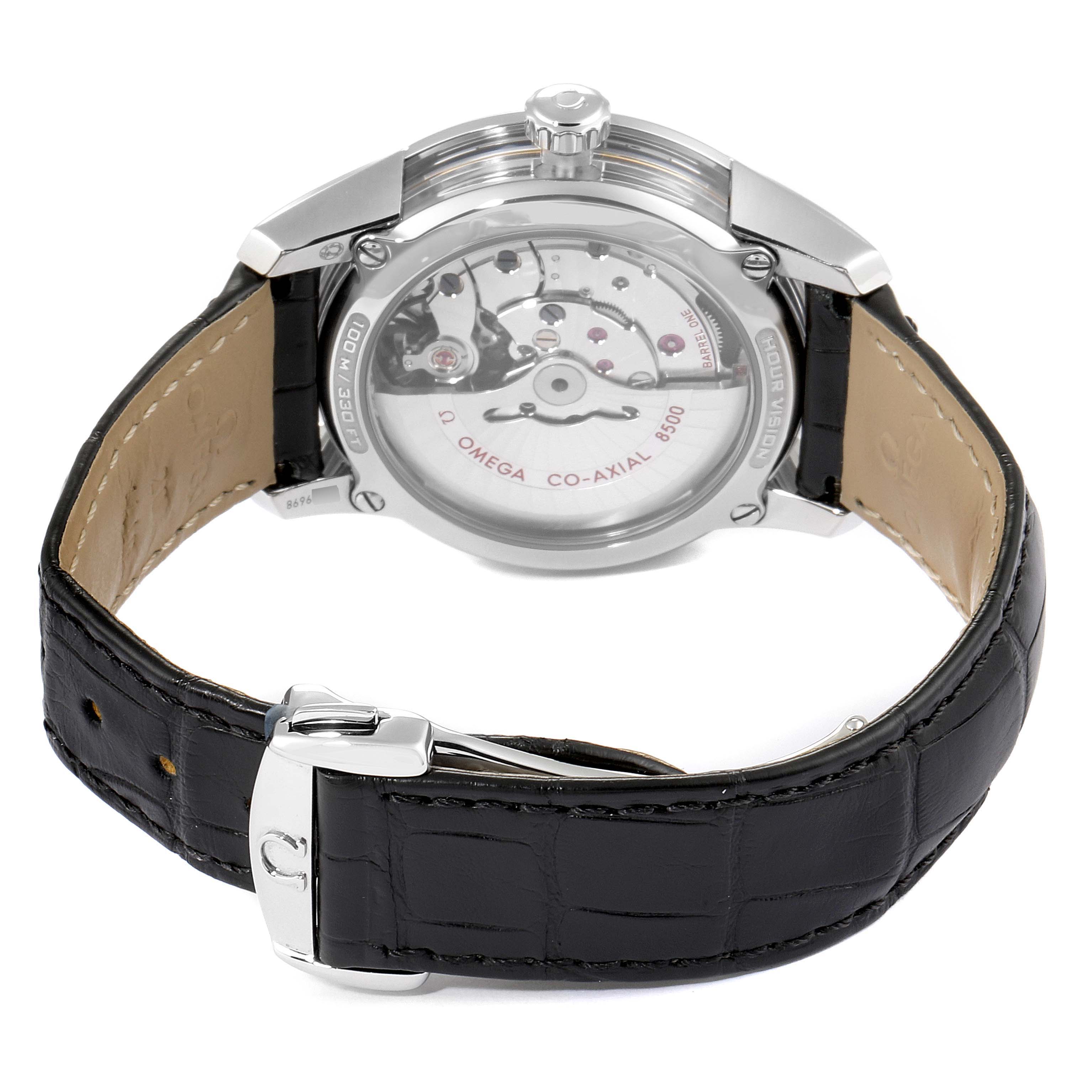 The image shows the rear view of an Omega De Ville 431.33.41.21.03.001 Men's Stainless Steel Blue Dial 431.33.41.21.03.001 Men's Stainless Steel Blue Dial watch, focusing on the movement and leather strap.