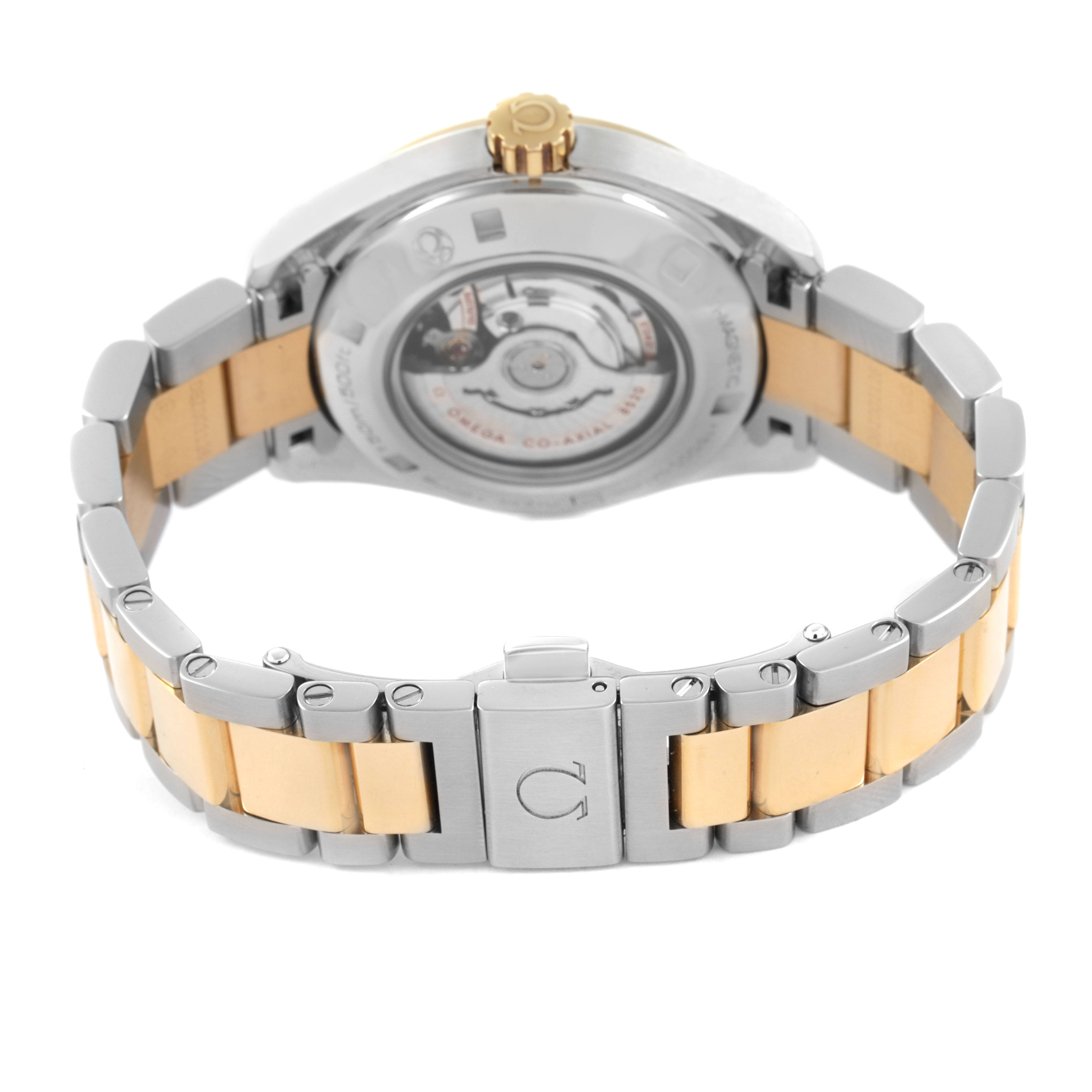 The Omega 231.25.34.20.55.006 Women's Steel and Gold (two tone) Mother of Pearl Dial Seamaster Aqua Terra 150M is shown from a back angle, highlighting its two-tone bracelet and transparent case back.