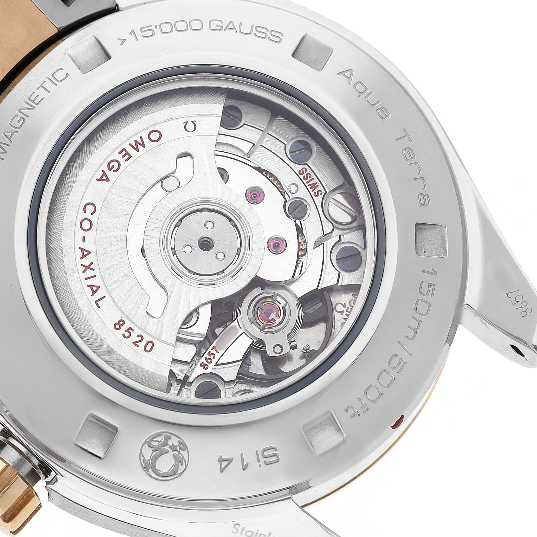 The image shows the case back of the Omega 231.25.34.20.55.006 Women's Steel and Gold (two tone) Mother of Pearl Dial Seamaster Aqua Terra 150M, highlighting the Co-Axial movement and inscriptions.
