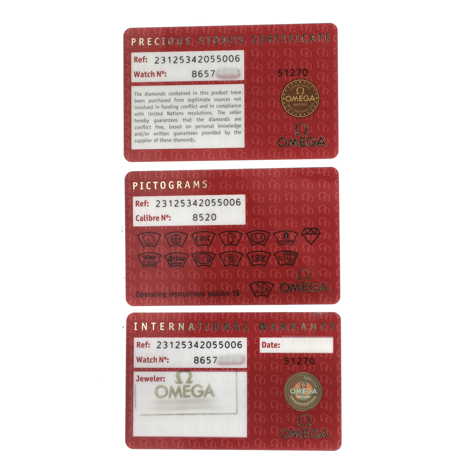 The image shows three red cards for the Omega 231.25.34.20.55.006 Women's Steel and Gold (two tone) Mother of Pearl Dial Seamaster Aqua Terra 150M, detailing certification, pictograms, and warranty.