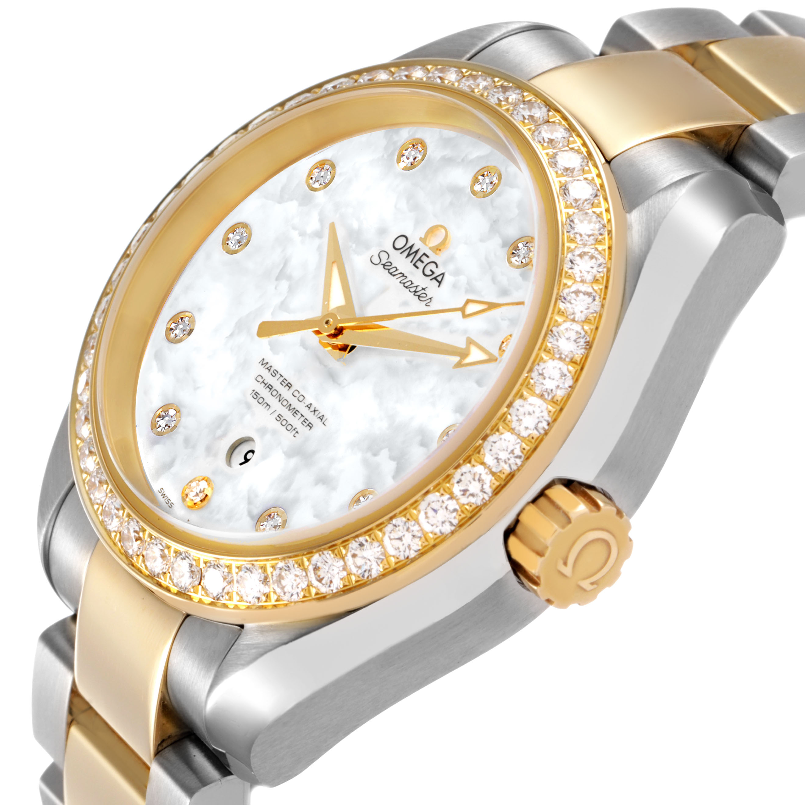 The Omega 231.25.34.20.55.006 Women's Steel and Gold (two tone) Mother of Pearl Dial Seamaster Aqua Terra 150M is shown at a three-quarter angle, highlighting the dial, bezel, and partial bracelet.
