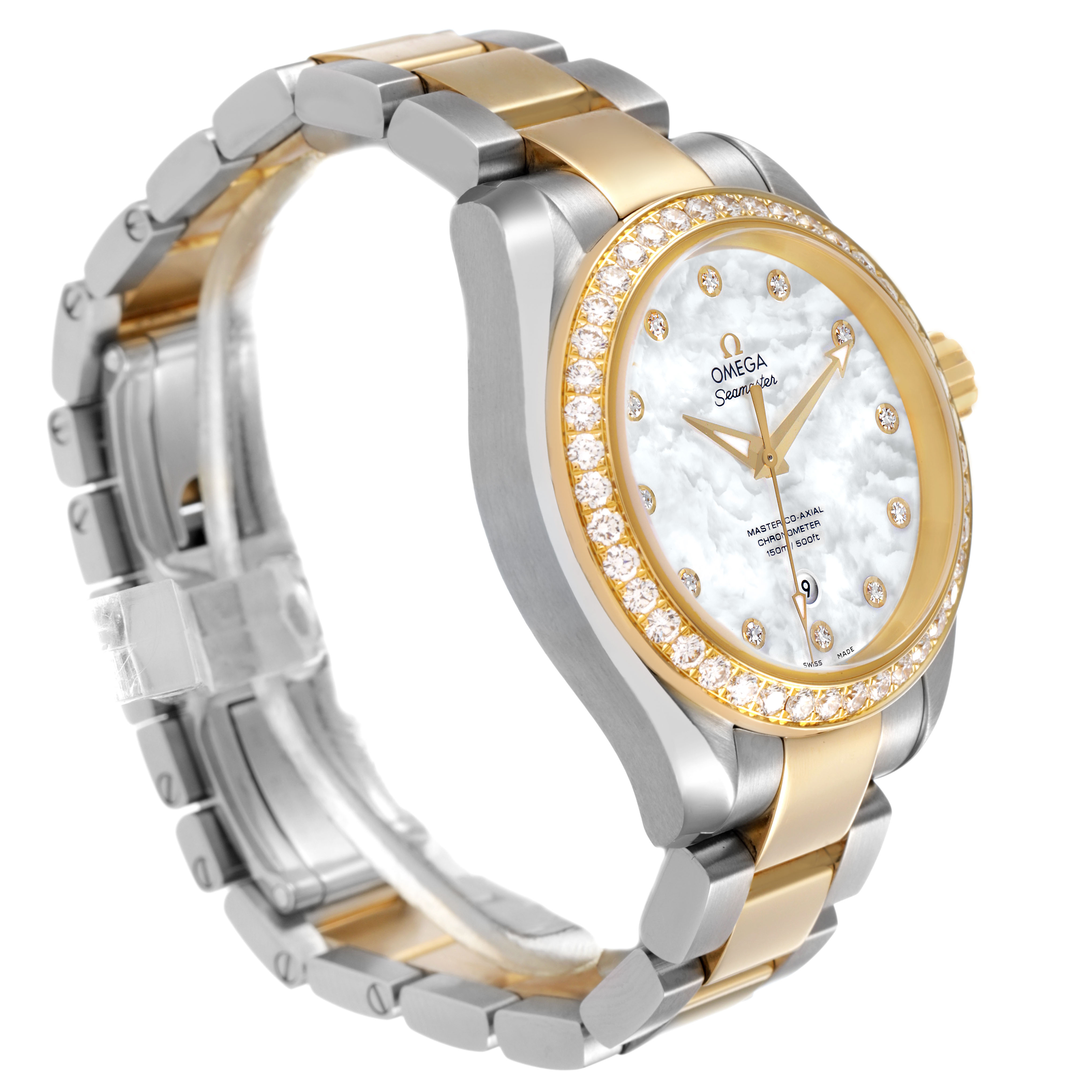 The Omega 231.25.34.20.55.006 Women's Steel and Gold (two tone) Mother of Pearl Dial Seamaster Aqua Terra 150M is shown at a three-quarter angle, highlighting its bezel, dial, and bracelet.