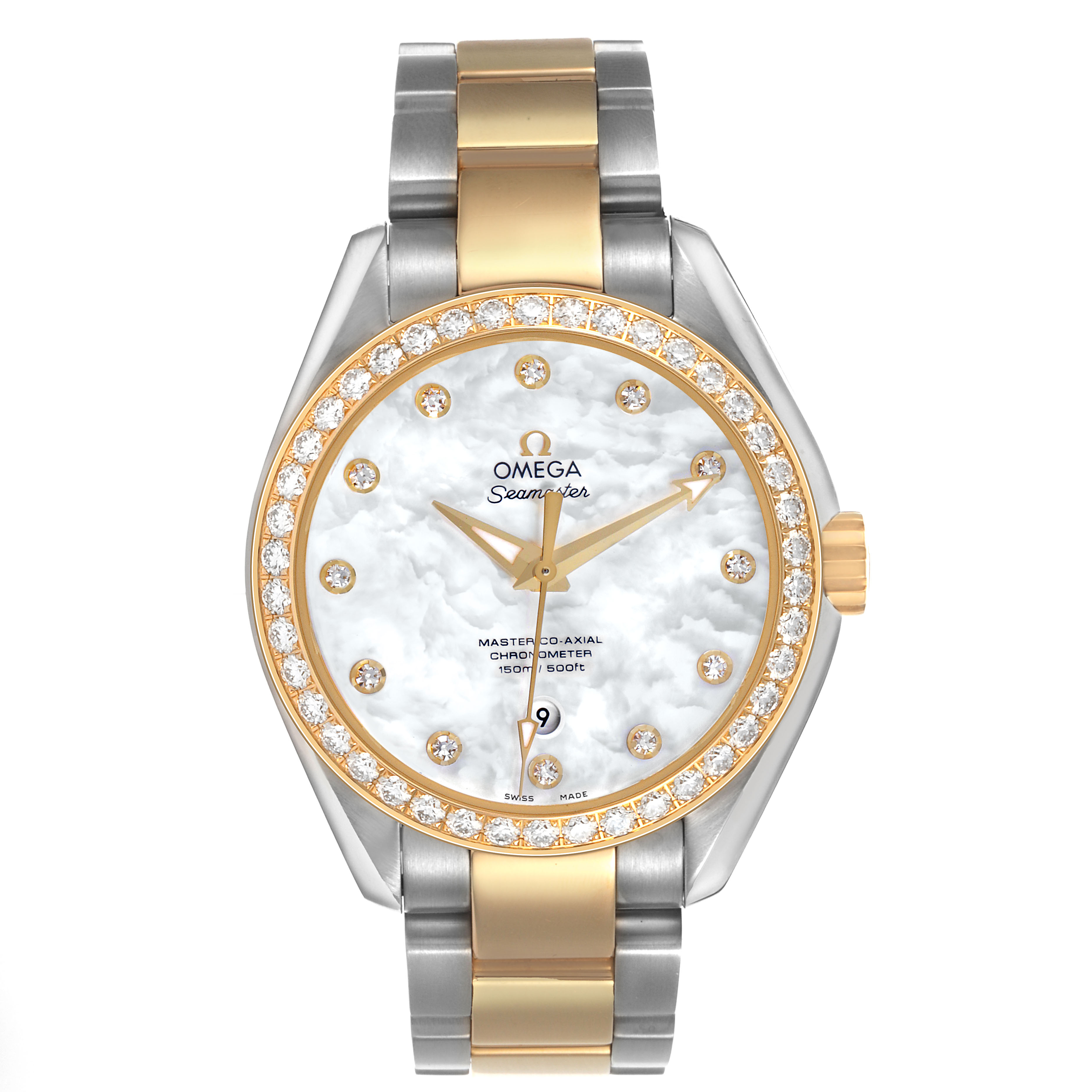 The Omega 231.25.34.20.55.006 Women's Steel and Gold (two tone) Mother of Pearl Dial Seamaster Aqua Terra 150M Steel Ladies Watch is shown from the front, displaying the face, bezel, and band details.