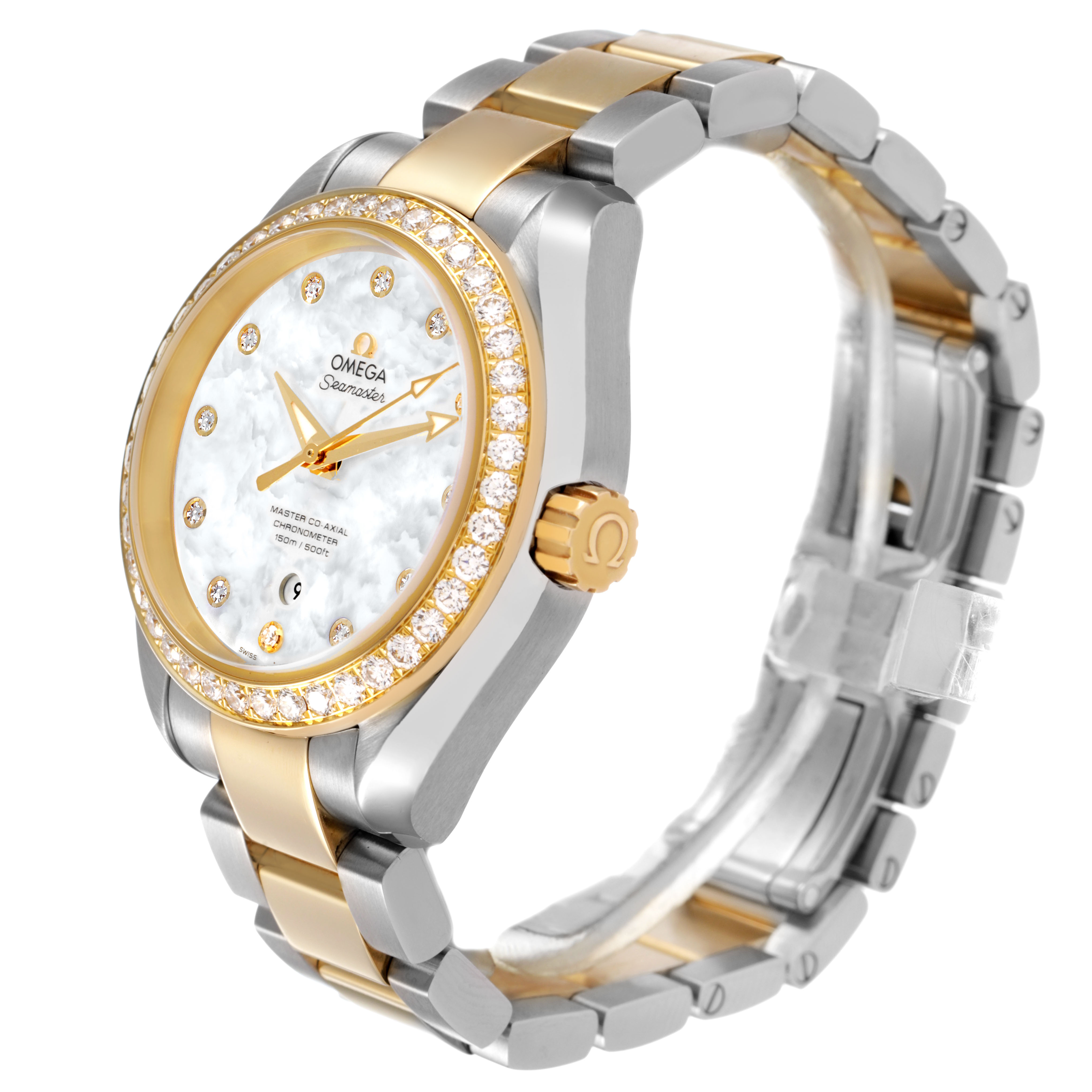 The Omega 231.25.34.20.55.006 Women's Steel and Gold (two tone) Mother of Pearl Dial Seamaster Aqua Terra 150M is shown from a three-quarter angle, highlighting its bezel, dial, and bracelet.
