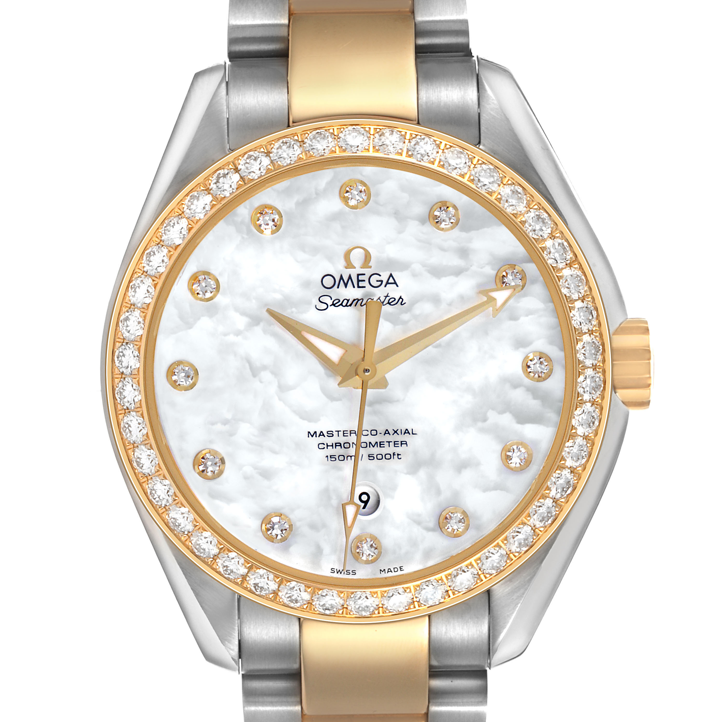 The Omega 231.25.34.20.55.006 Women's Steel and Gold (two tone) Mother of Pearl Dial Seamaster Aqua Terra 150M Steel Ladies Watch is shown from the front, highlighting the dial, bezel, and bracelet.