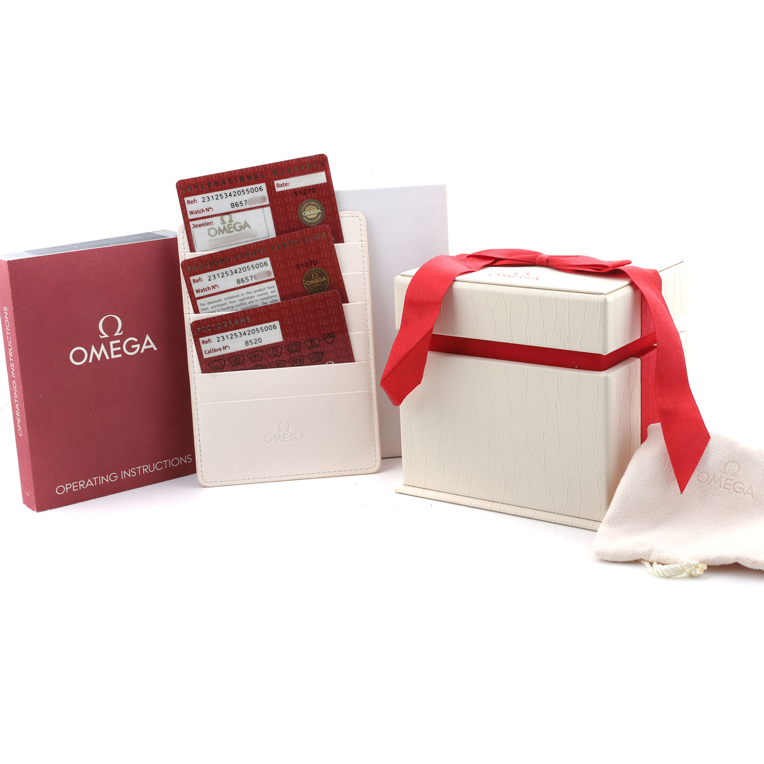The image shows the Omega 231.25.34.20.55.006 Women's Steel and Gold (two tone) Mother of Pearl Dial Seamaster Aqua Terra 150M packaging with a box, red ribbon, cards, and operating instructions.