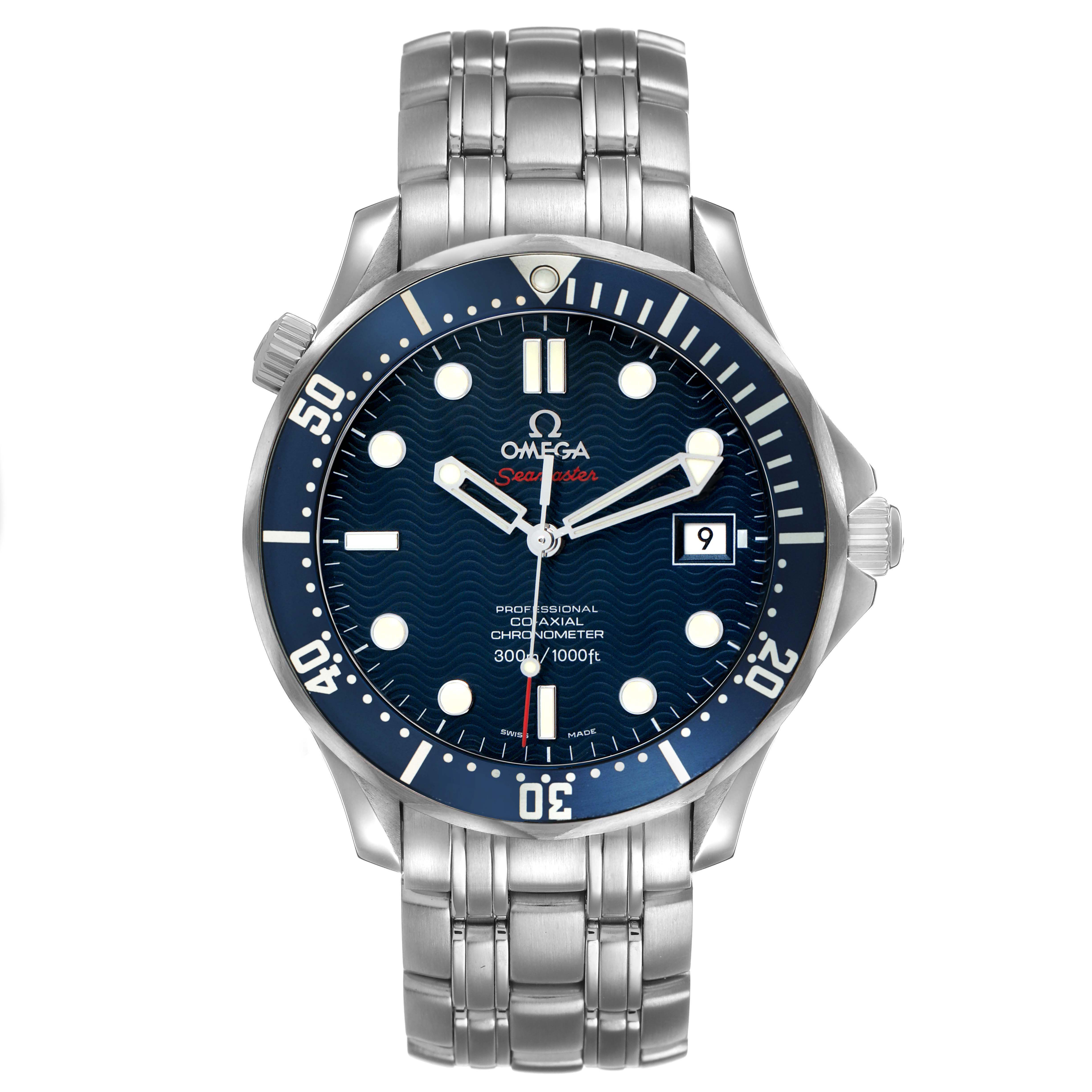 The Omega Seamaster 2220.80.00 Men's Stainless Steel Blue Dial model is shown from a front angle, displaying the face, bezel, crown, and stainless steel bracelet.