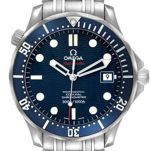 The Omega Seamaster 2220.80.00 Men's Stainless Steel Blue Dial watch is shown from a front angle, displaying its blue dial, rotating bezel, date window, and stainless steel bracelet.