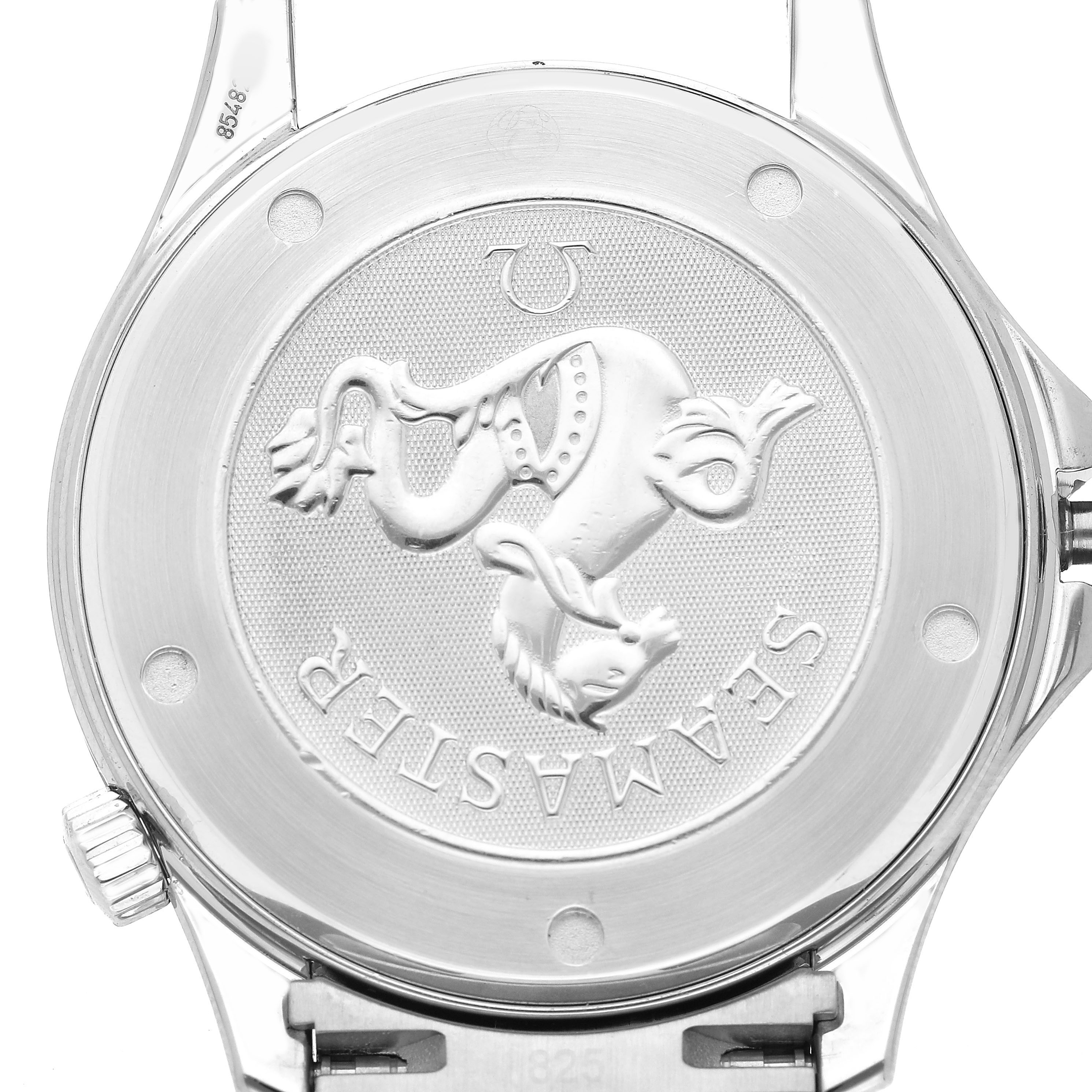 The image shows the back case of an Omega Seamaster 2220.80.00 Men's Stainless Steel Blue Dial watch with its distinctive logo and text.