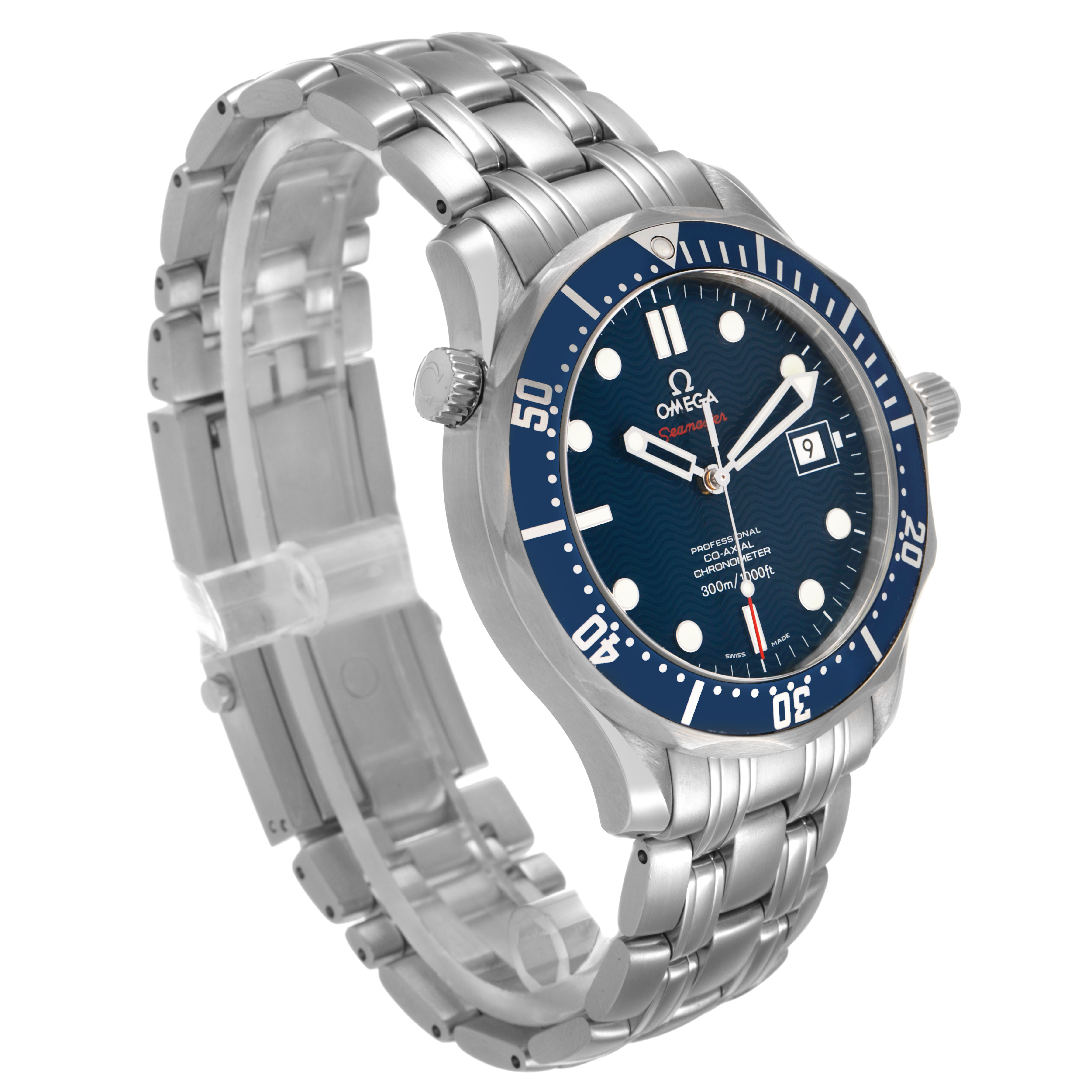 The Omega Seamaster 2220.80.00 Men's Stainless Steel Blue Dial watch is shown from a three-quarter angle, highlighting the dial, bezel, and bracelet.
