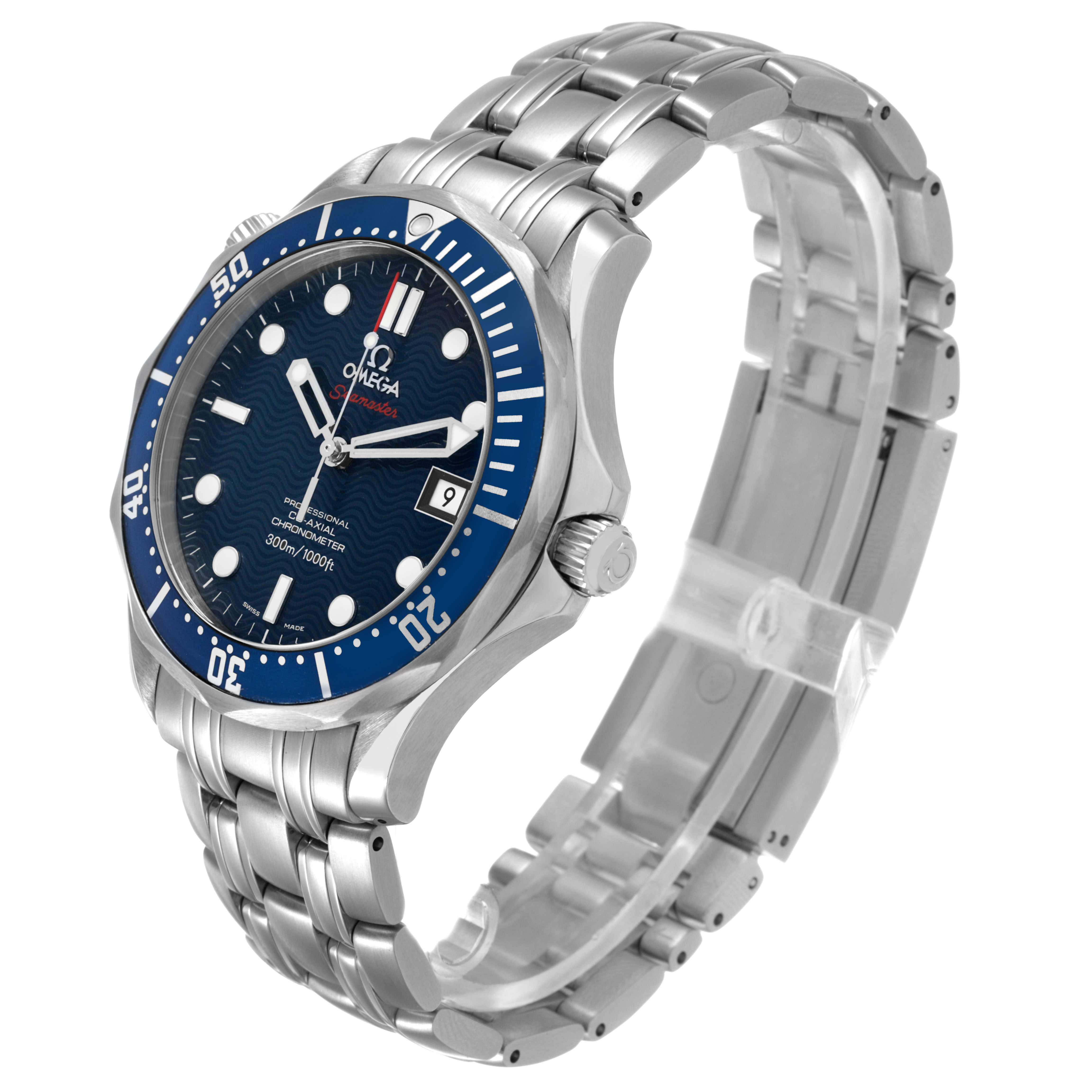 This Omega Seamaster 2220.80.00 Men's Stainless Steel Blue Dial watch is shown at a three-quarter angle, displaying the face, bezel, case, crown, and bracelet.