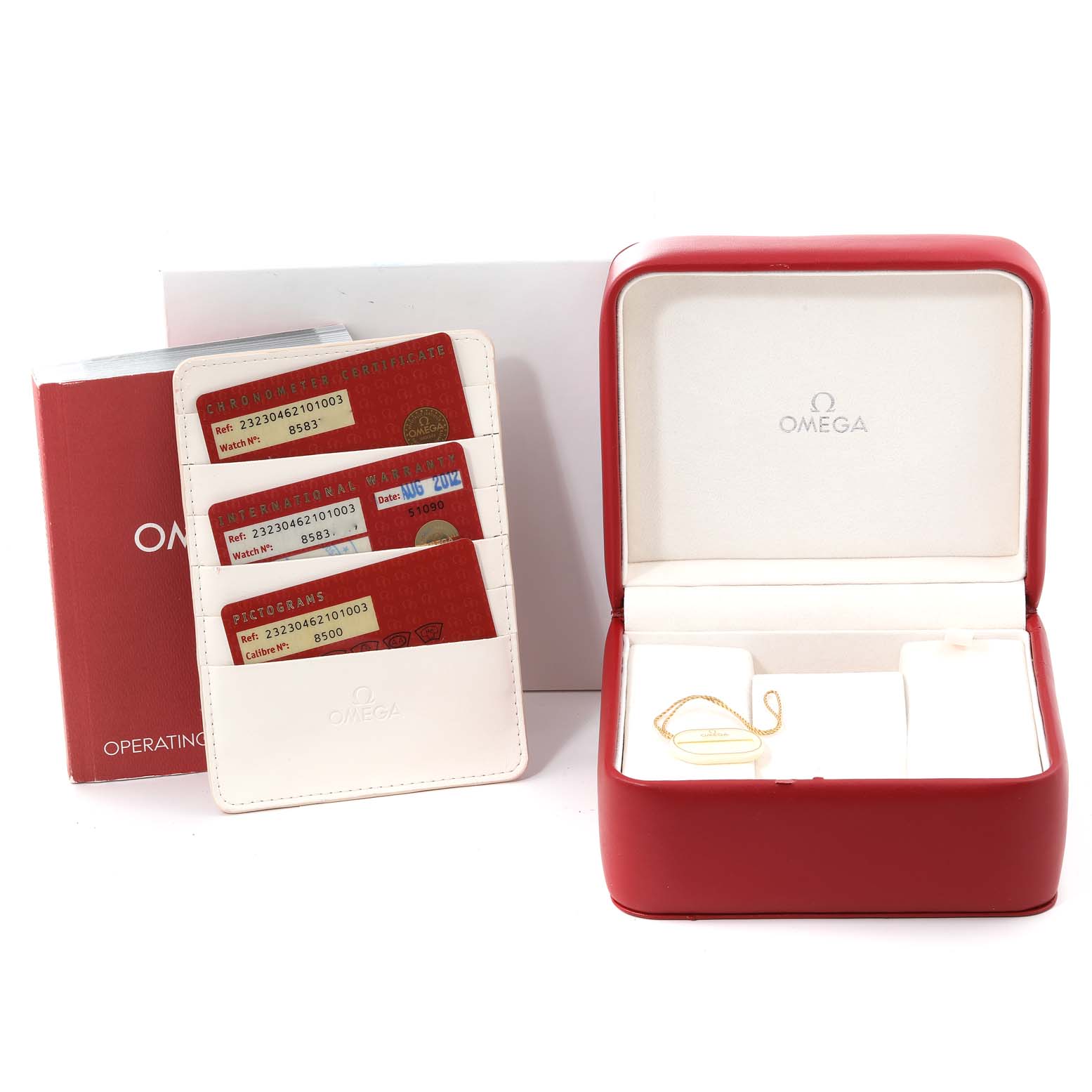 The image shows an Omega Planet Ocean 232.30.46.21.01.003 Men
s Stainless Steel Black Dial 232.30.46.21.01.003 Men
s Stainless Steel Black Dial watch box, warranty cards, and an operating manual from a frontal angle.