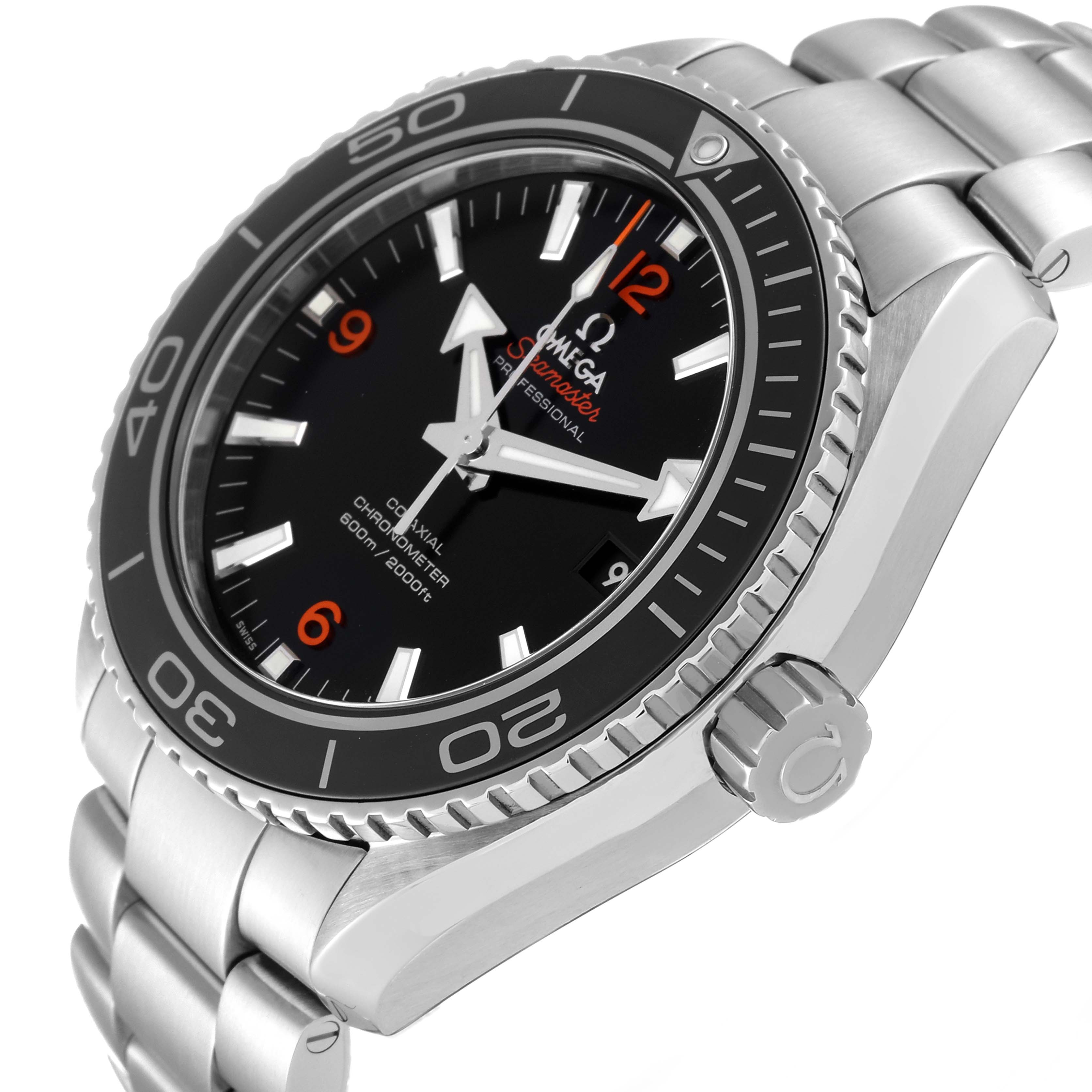 The image shows an oblique angle of the Omega Planet Ocean 232.30.46.21.01.003 Men
s Stainless Steel Black Dial 232.30.46.21.01.003 Men
s Stainless Steel Black Dial watch, highlighting its bezel, black dial, and stainless steel bracelet.