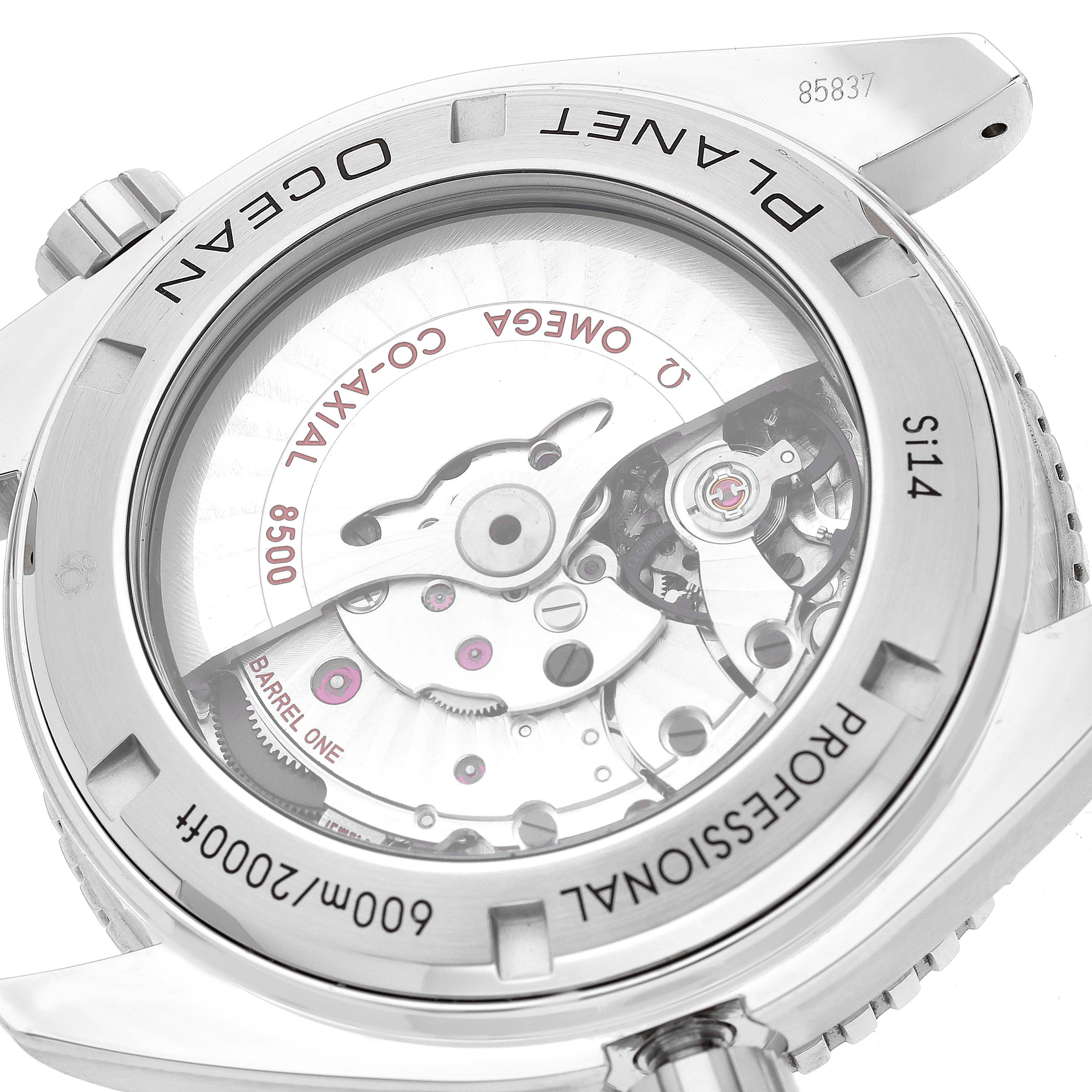 The image shows the back view of the Omega Planet Ocean 232.30.46.21.01.003 Men
s Stainless Steel Black Dial 232.30.46.21.01.003 Men
s Stainless Steel Black Dial model, focusing on its intricate mechanical movement.