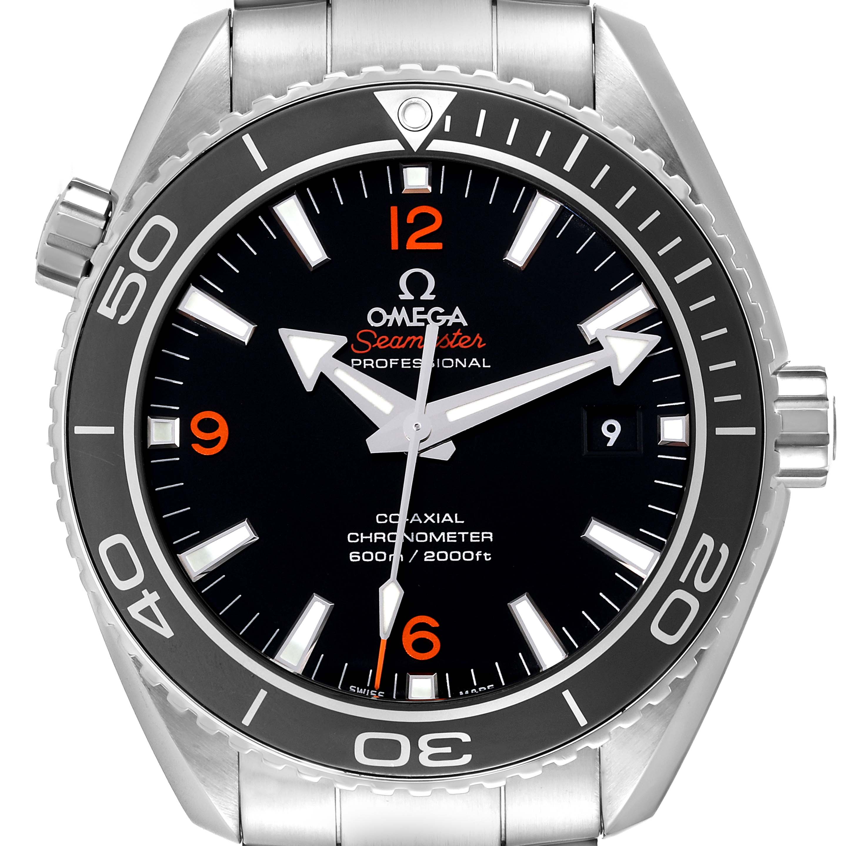 The image shows a front view of the Omega Planet Ocean 232.30.46.21.01.003 Men
s Stainless Steel Black Dial 232.30.46.21.01.003 Men
s Stainless Steel Black Dial Seamaster watch, highlighting the dial, bezel, and part of the bracelet.