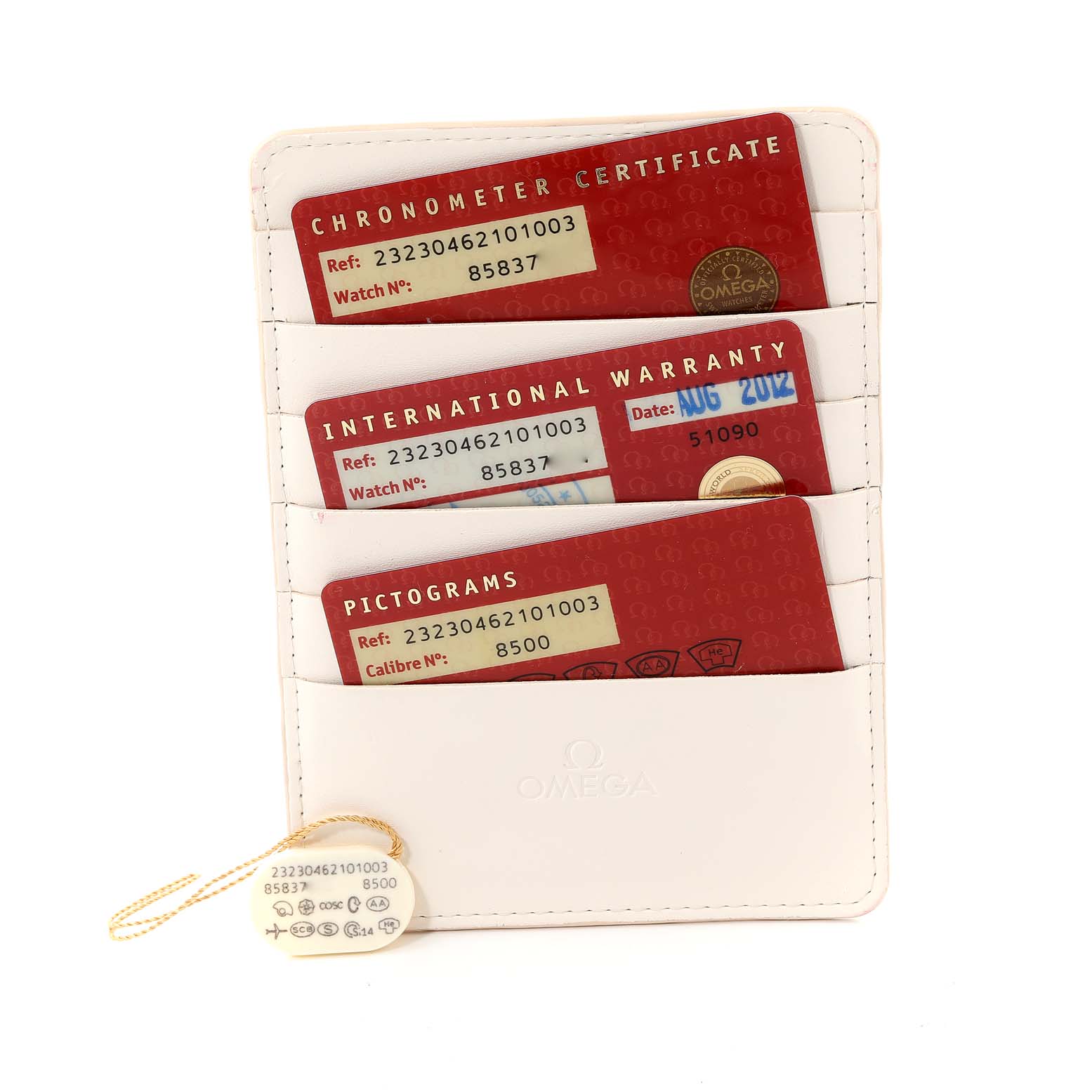 The image shows documentation for the Omega Planet Ocean 232.30.46.21.01.003 Men
s Stainless Steel Black Dial 232.30.46.21.01.003 Men
s Stainless Steel Black Dial including a chronometer certificate, international warranty, and pictograms card.