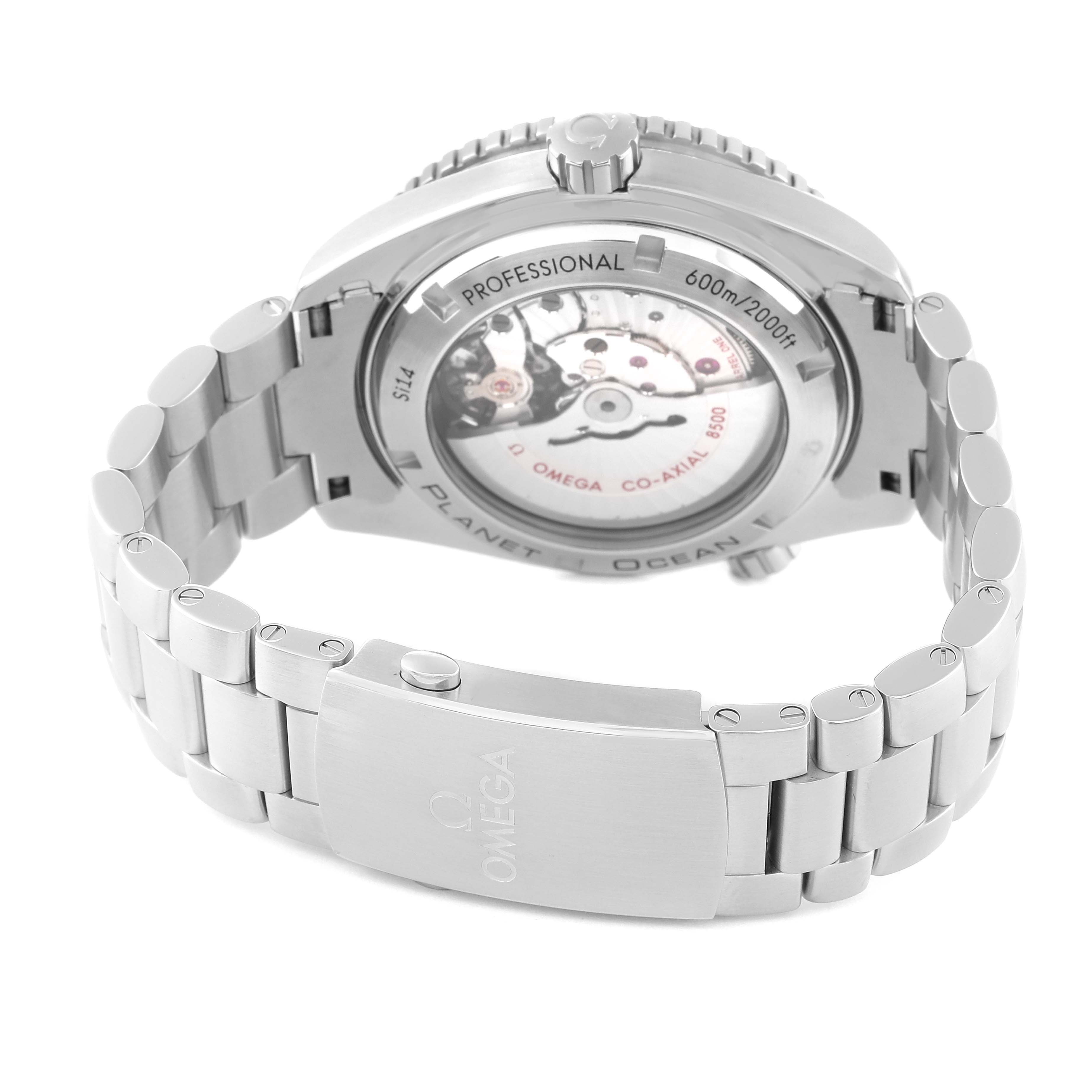 The image shows the back view of the Omega Planet Ocean 232.30.46.21.01.003 Men
s Stainless Steel Black Dial 232.30.46.21.01.003 Men
s Stainless Steel Black Dial watch, highlighting the bracelet and case back.