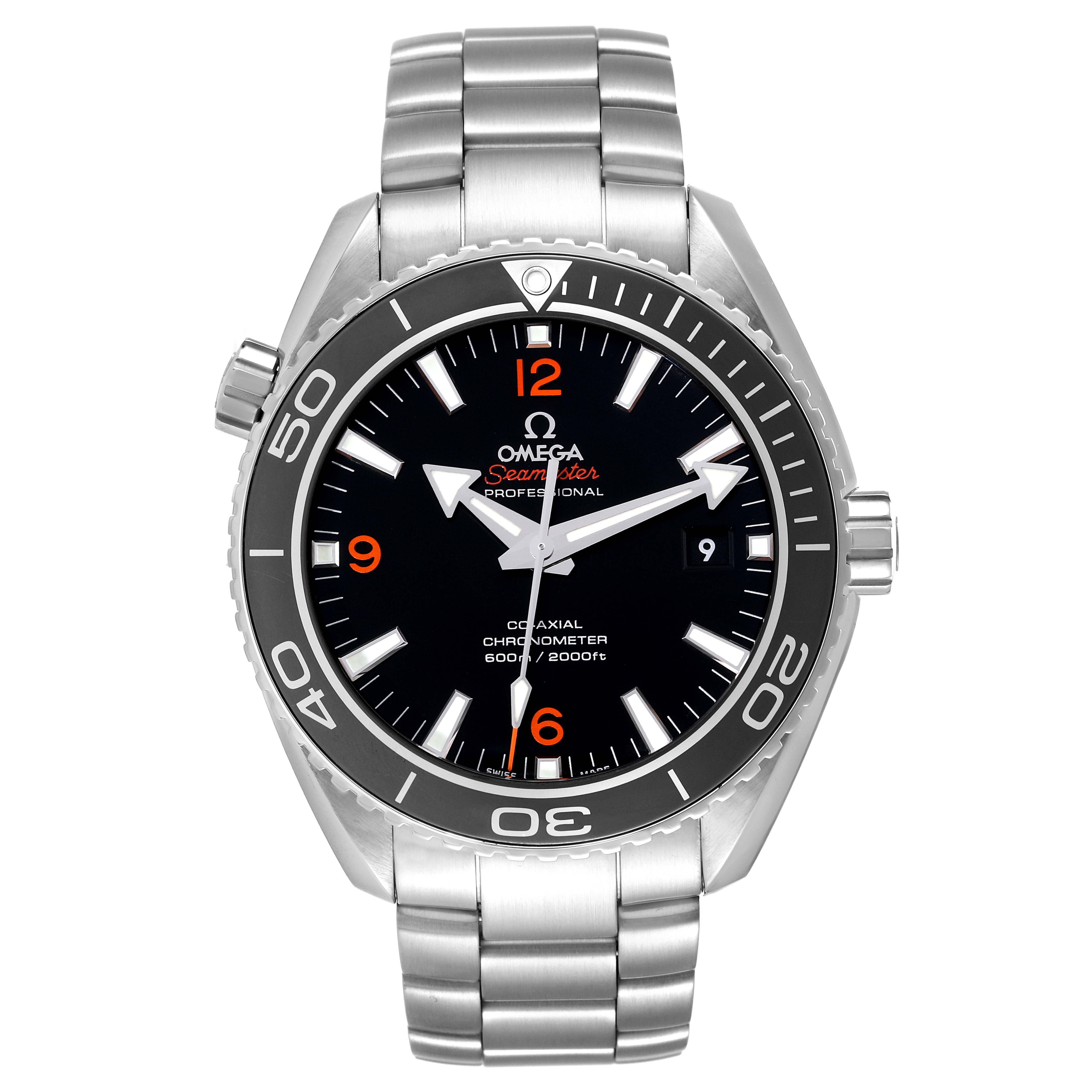 The image shows a front view of the Omega Planet Ocean 232.30.46.21.01.003 Men
s Stainless Steel Black Dial 232.30.46.21.01.003 Men
s Stainless Steel Black Dial watch, displaying its face, bezel, bracelet, and crown.