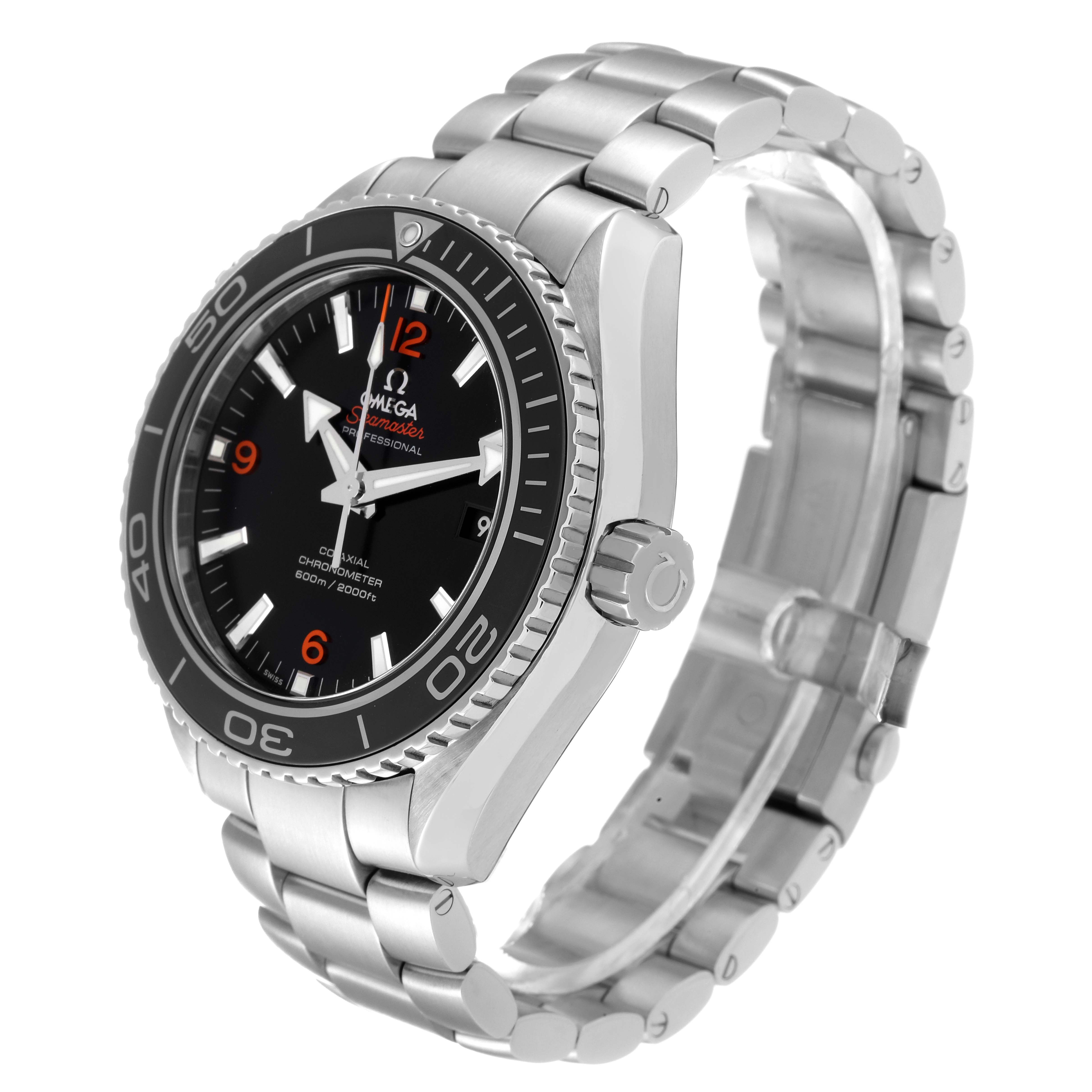 The image shows an Omega Planet Ocean 232.30.46.21.01.003 Men
s Stainless Steel Black Dial 232.30.46.21.01.003 Men
s Stainless Steel Black Dial watch, angled to display the bracelet, crown, and face with black and red accents.