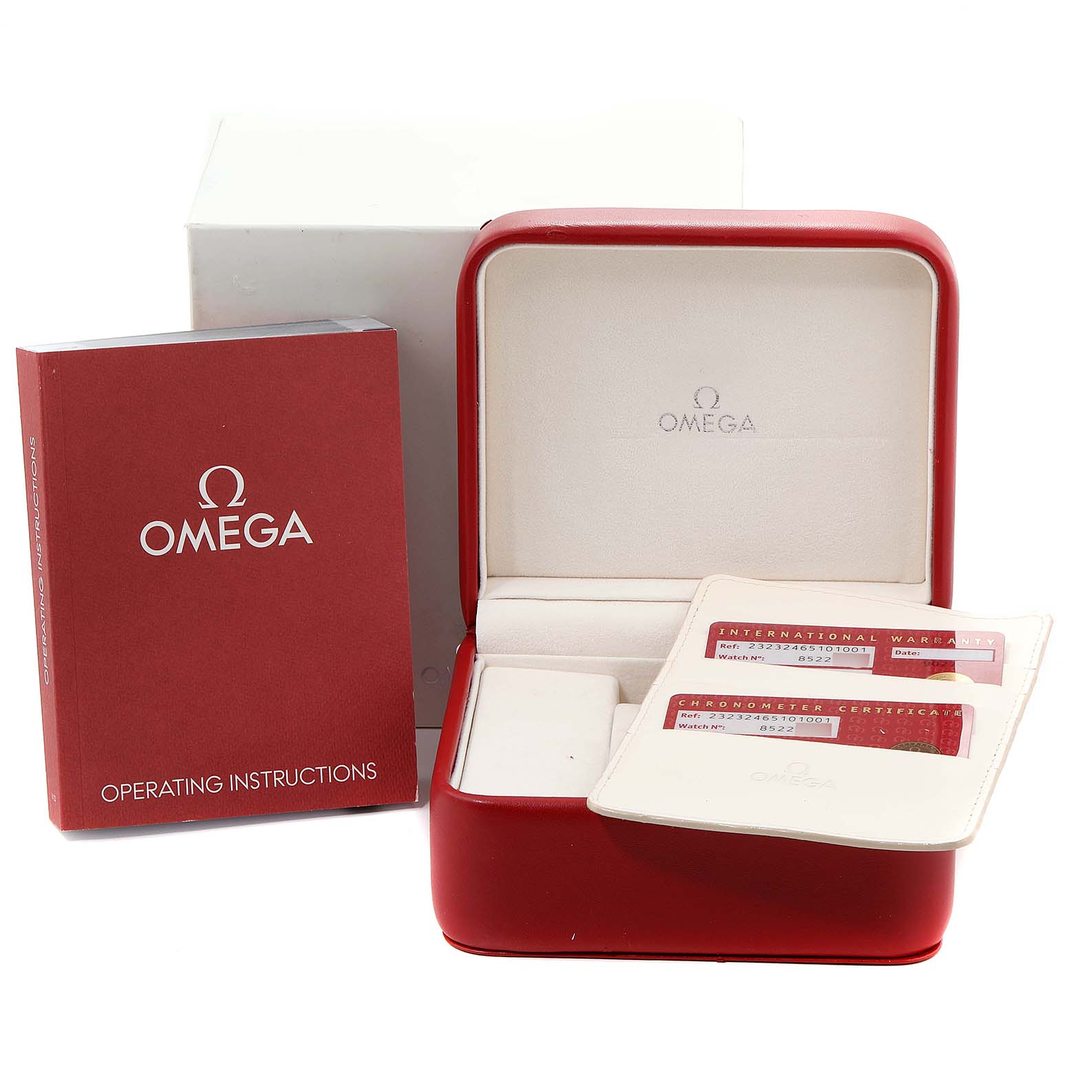 The image shows the Omega Seamaster 232.32.46.51.01.001 Men
s Stainless Steel Black Dial 232.32.46.51.01.001 Men
s Stainless Steel Black Dial watch box, operating instructions, and Best Quality
ity/warranty cards.