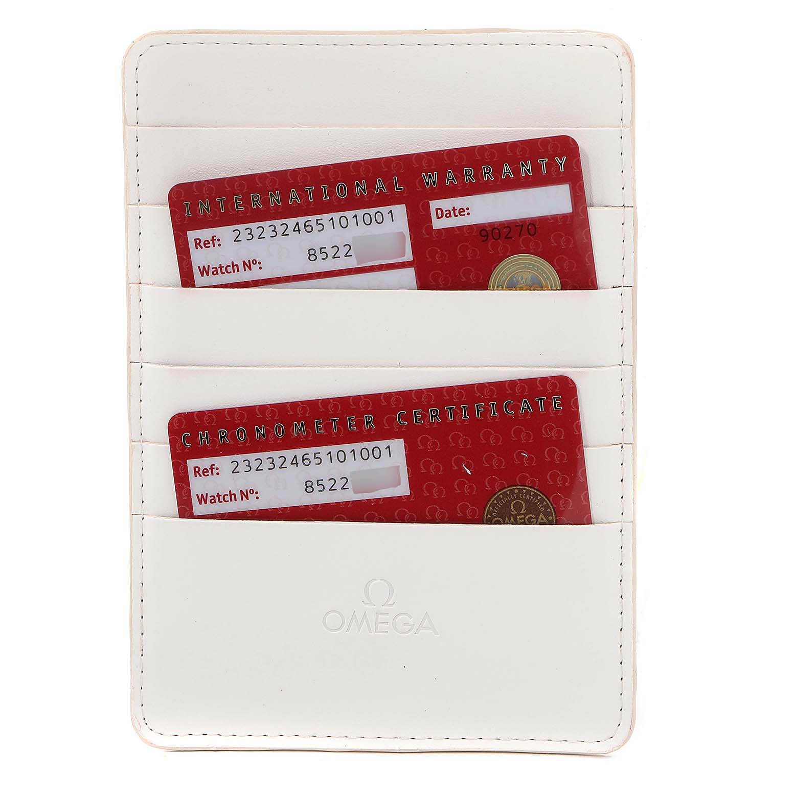 The image shows Omega Seamaster 232.32.46.51.01.001 Men
s Stainless Steel Black Dial 232.32.46.51.01.001 Men
s Stainless Steel Black Dial model warranty and certificate cards in a white Omega-branded cardholder, viewed from the front.