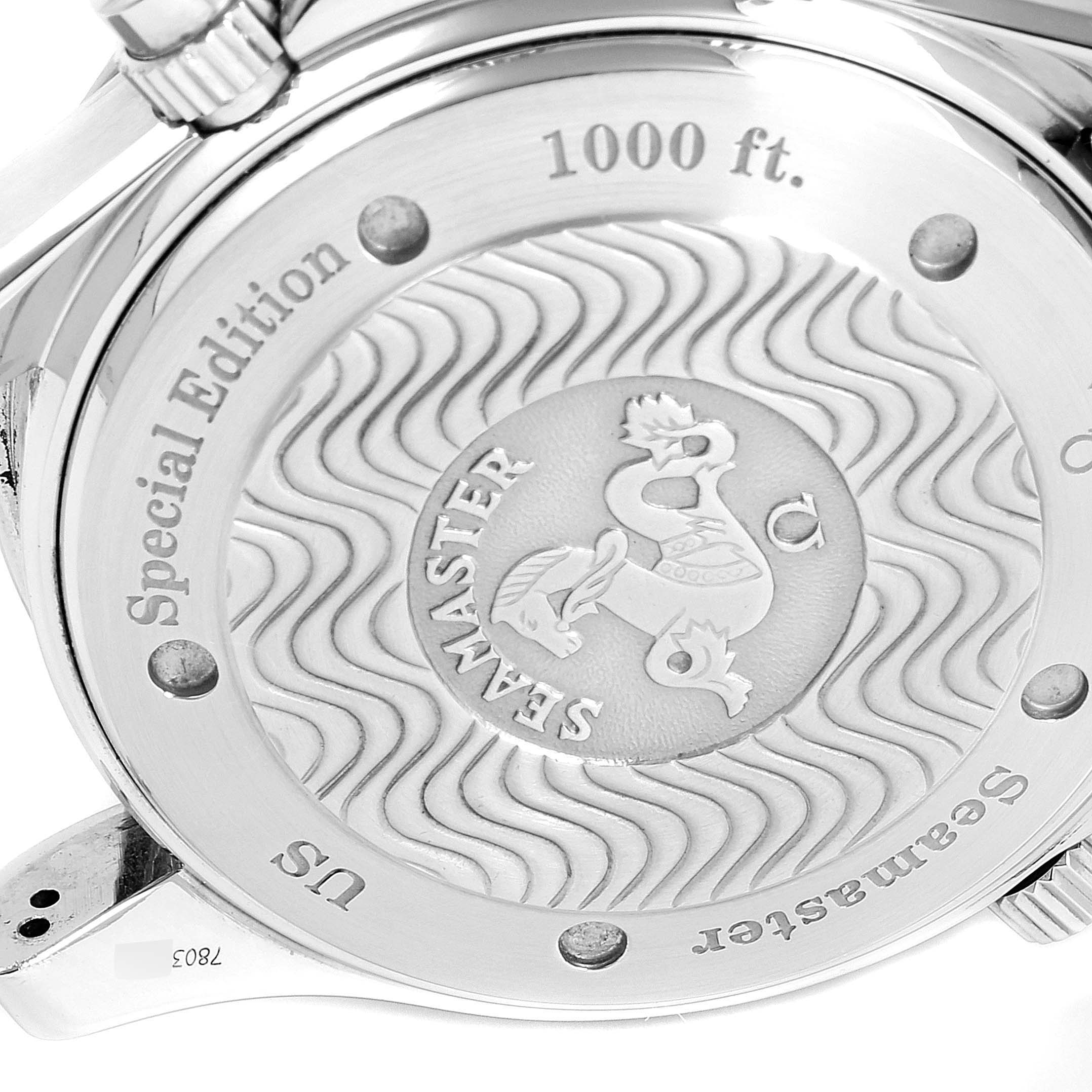 The image shows the back case of an Omega Seamaster 2589.30.00 Men's Stainless Steel Silver Dial 2589.30.00 Men's Stainless Steel Silver Dial watch, featuring the logo, brand writing, and depth rating.