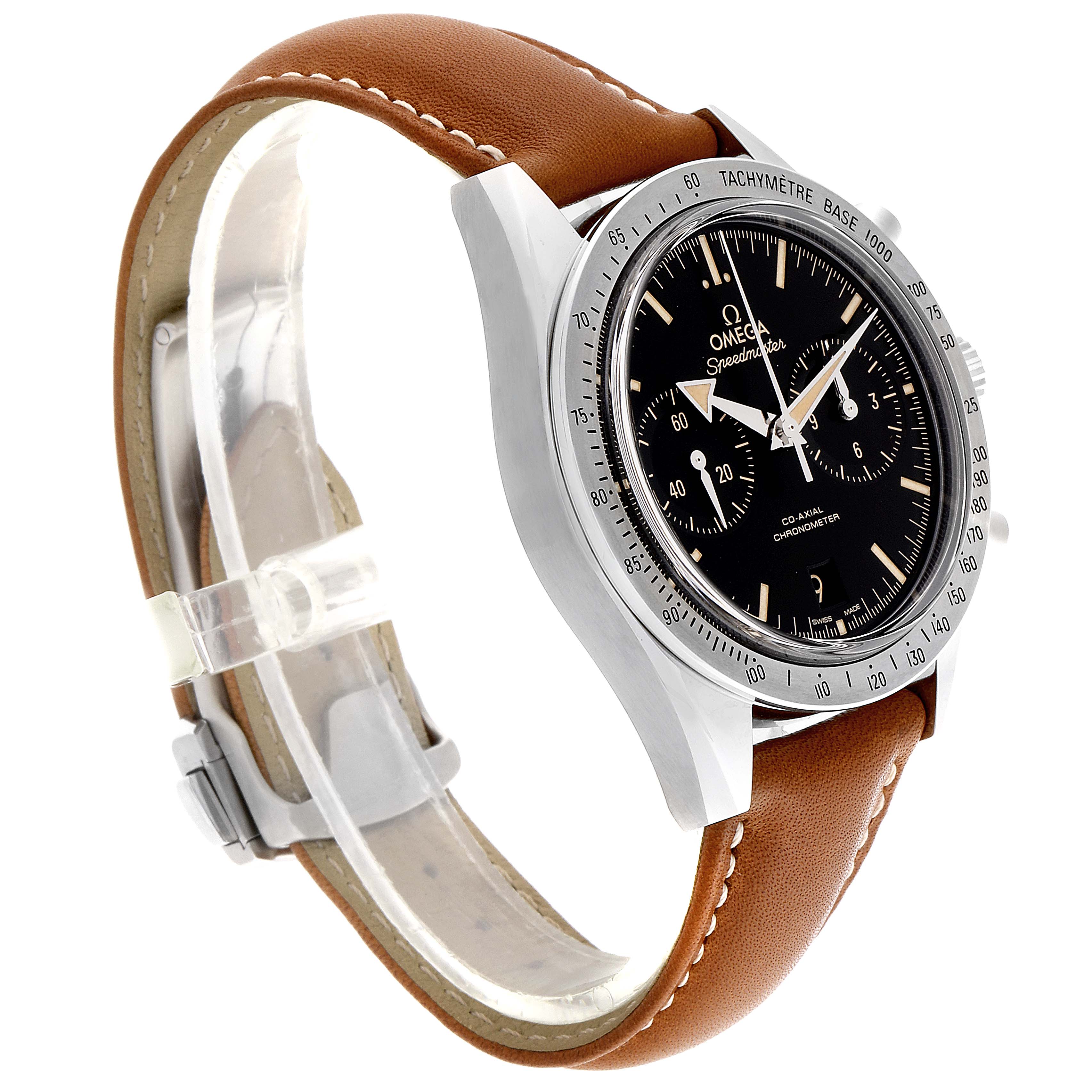 This image shows an Omega Speedmaster 331.12.42.51.01.002 Men
s Stainless Steel Black Dial 331.12.42.51.01.002 Men
s Stainless Steel Black Dial watch at a slight angle, highlighting the dial, bezel, and brown leather strap.