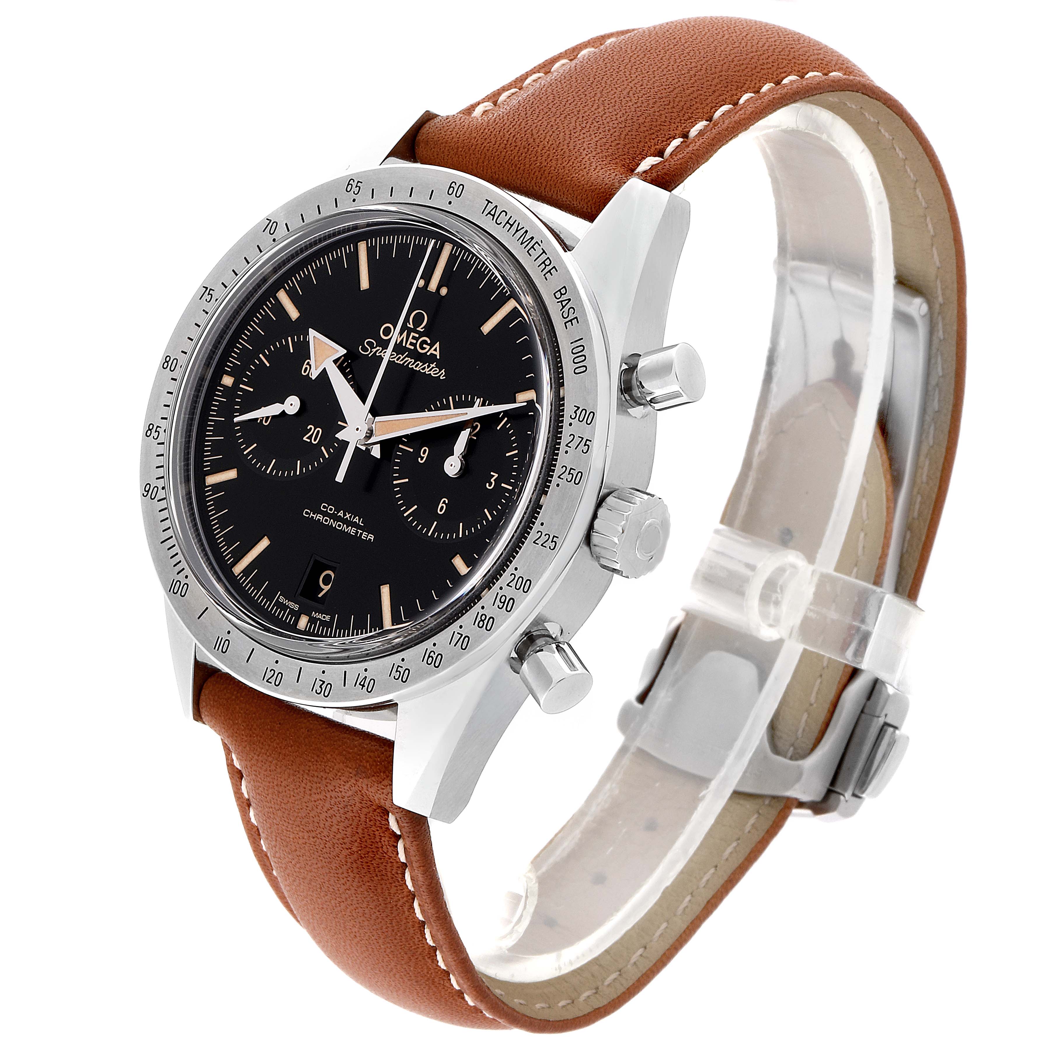 The Omega Speedmaster 331.12.42.51.01.002 Men
s Stainless Steel Black Dial 331.12.42.51.01.002 Men
s Stainless Steel Black Dial watch is shown at a three-quarter angle, highlighting its black dial, bezel, and brown leather strap.