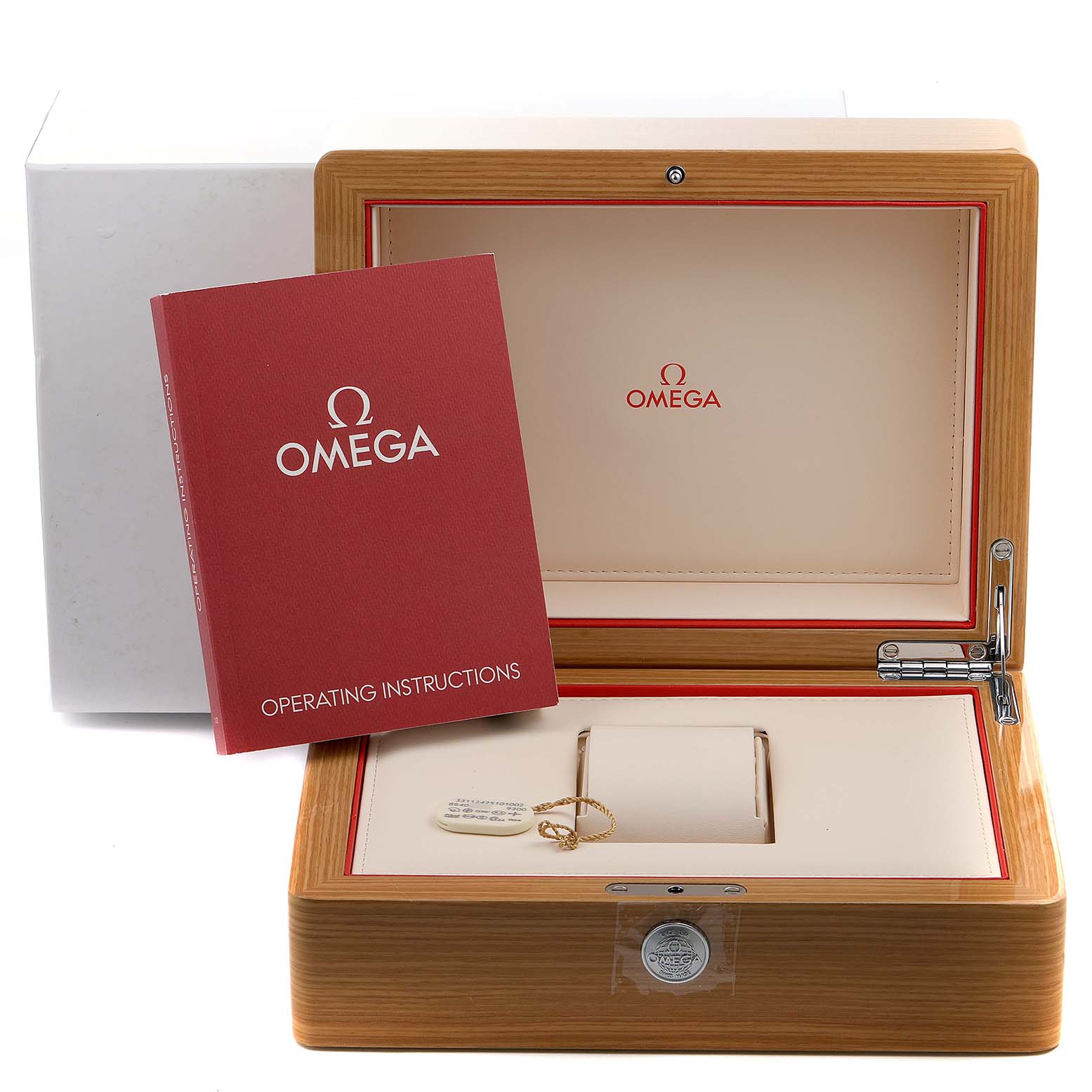 The image shows the packaging of an Omega Speedmaster 331.12.42.51.01.002 Men
s Stainless Steel Black Dial 331.12.42.51.01.002 Men
s Stainless Steel Black Dial with the instruction manual, wooden box, and warranty card.